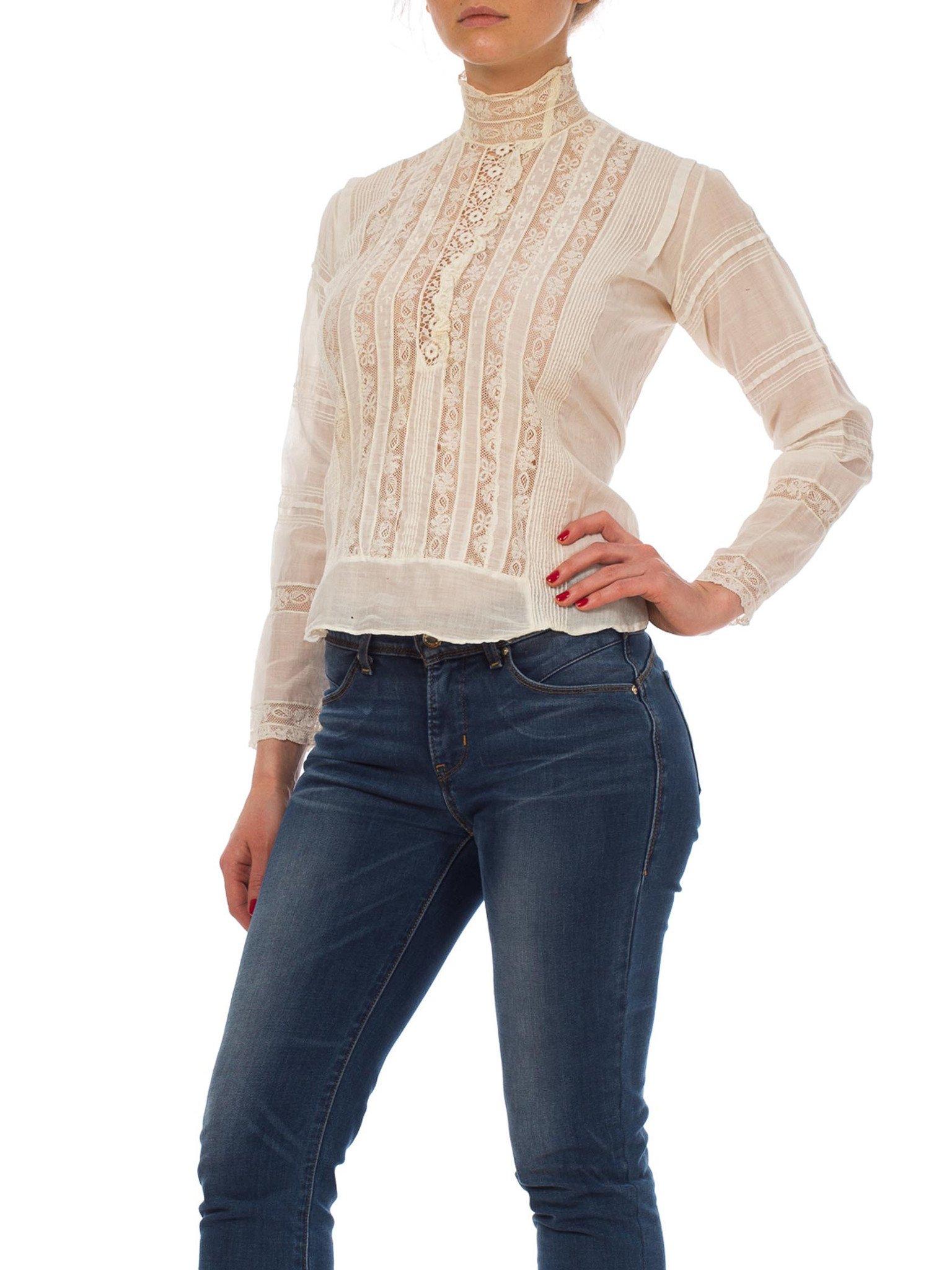 Victorian Cream Cotton & Lace High Swan Neck Blouse With Trim Sleeves Hand-Made In Good Condition For Sale In New York, NY