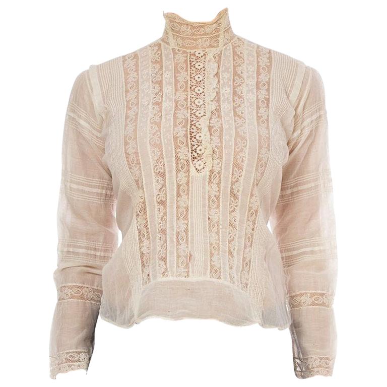 Victorian Cream Cotton & Lace High Swan Neck Blouse With Trim Sleeves Hand-Made For Sale