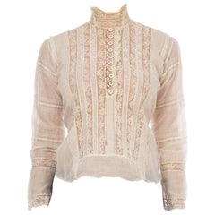 Antique Victorian Cream Cotton & Lace High Swan Neck Blouse With Trim Sleeves Hand-Made