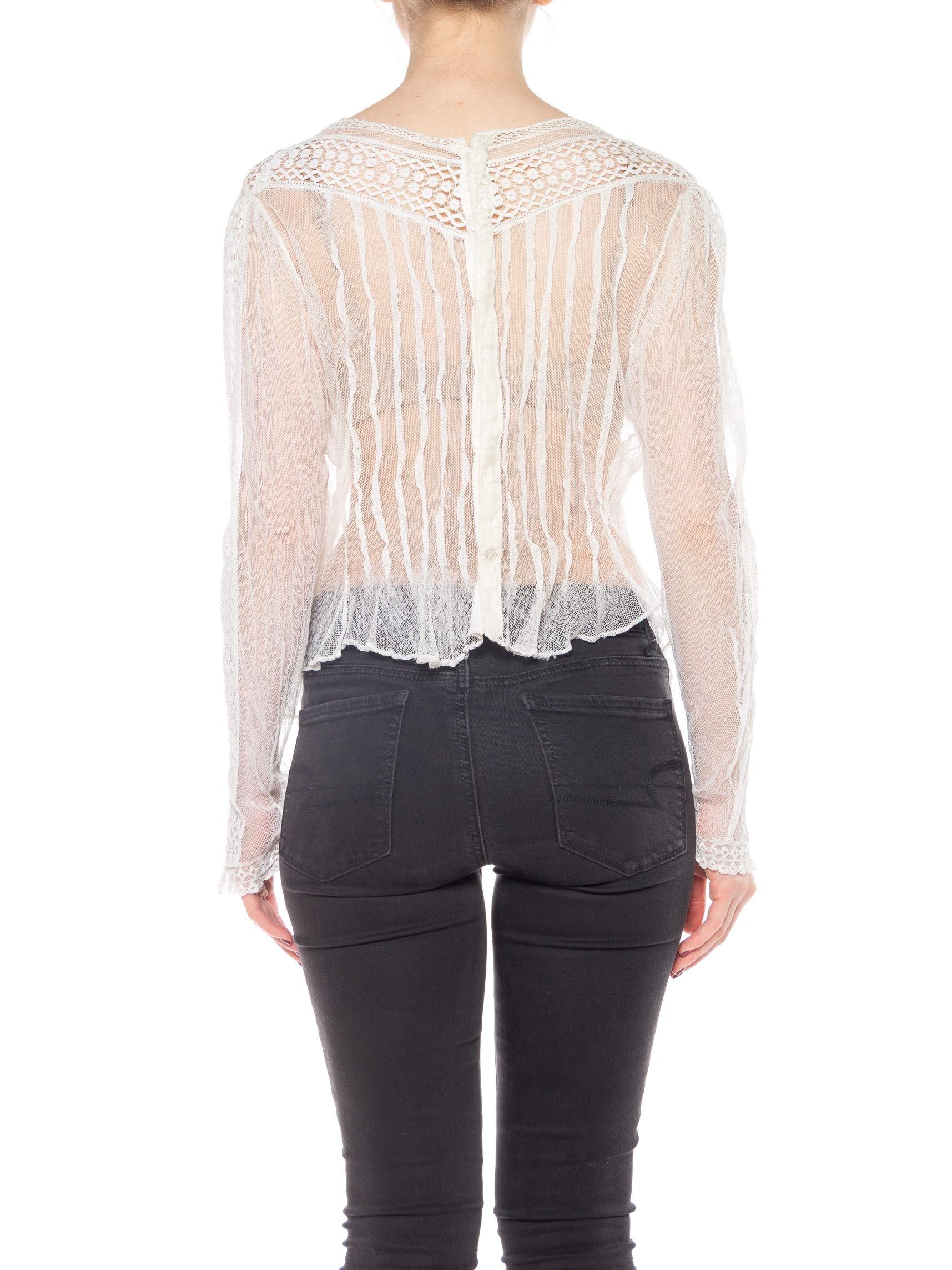 Beige 1900S White Sheer Cotton Net Blouse With Cluny Style Lace Insertion In The Bodi