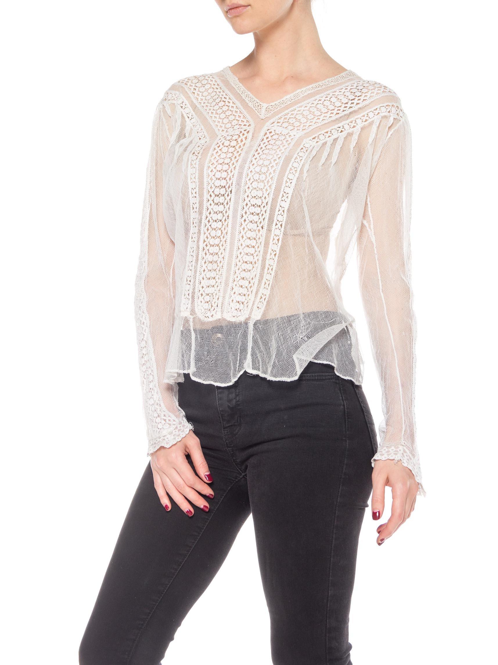 1900S White Sheer Cotton Net Blouse With Cluny Style Lace Insertion In The Bodi In Excellent Condition In New York, NY