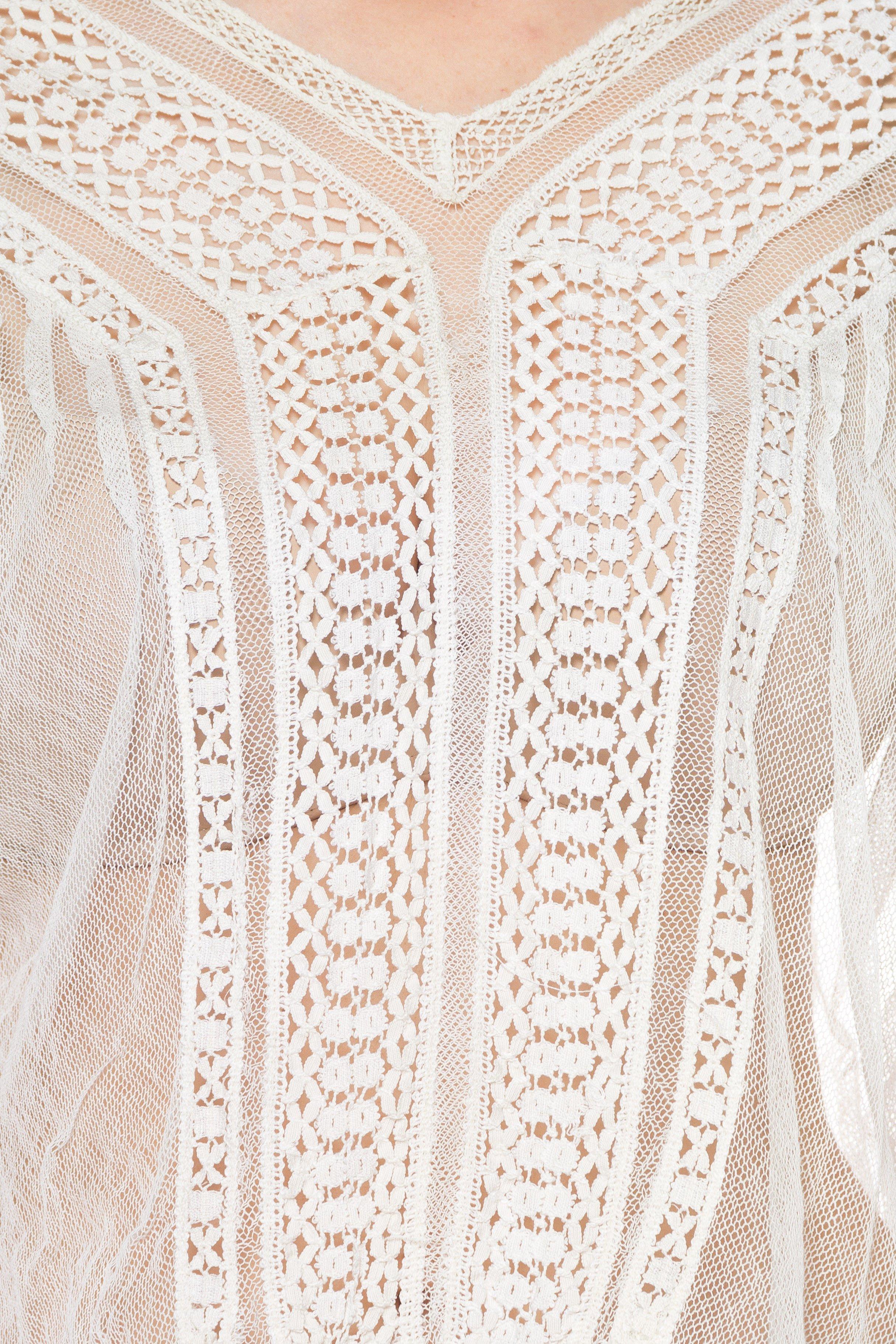 Women's 1900S White Sheer Cotton Net Blouse With Cluny Style Lace Insertion In The Bodi