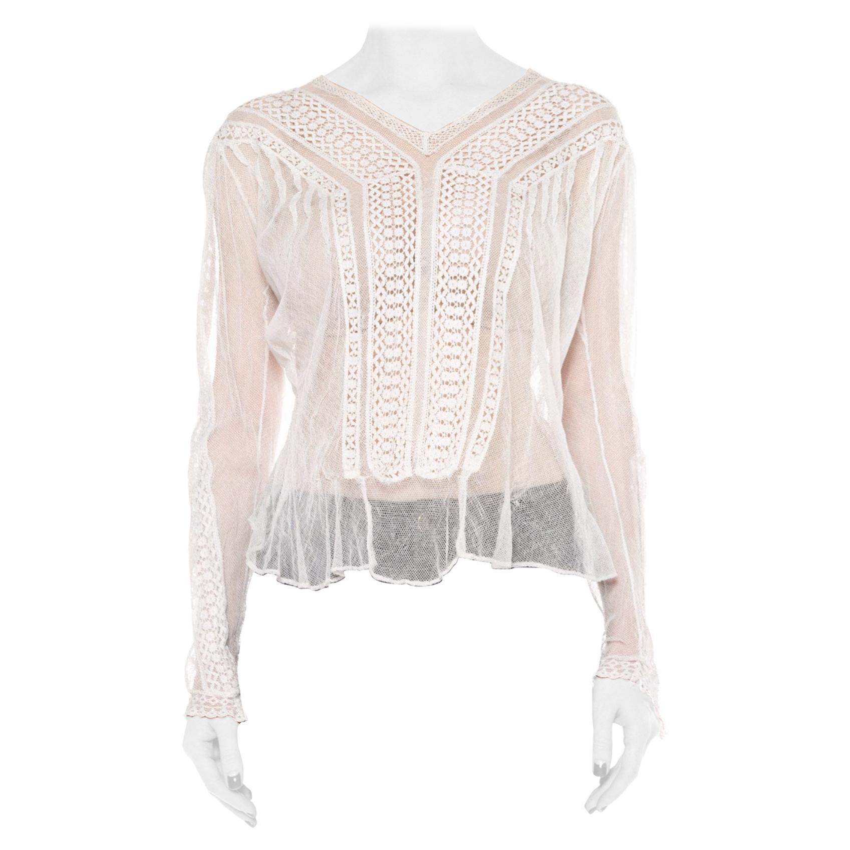 1900S White Sheer Cotton Net Blouse With Cluny Style Lace Insertion In The Bodi