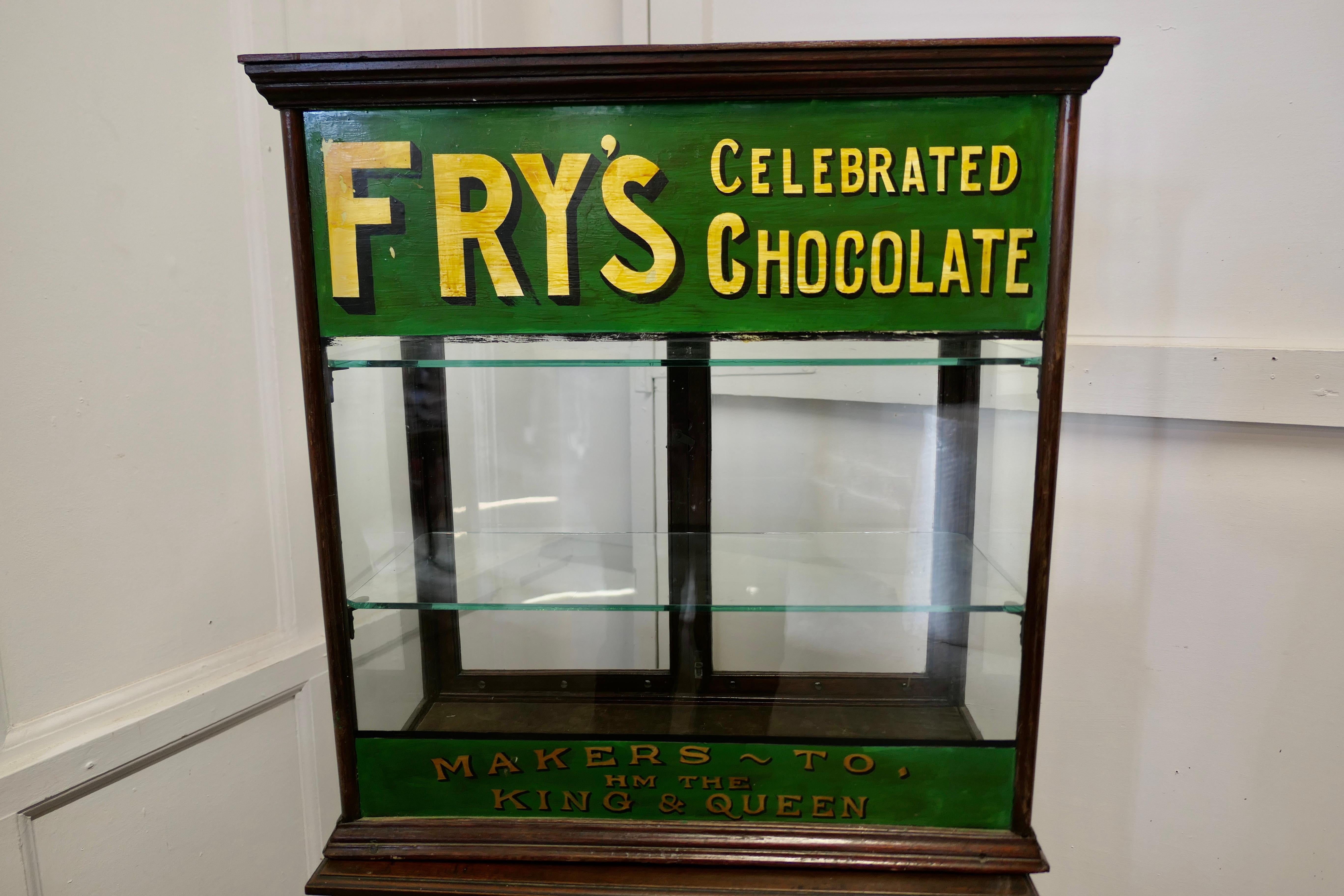 1900s Counter Top Sweet Shop Display Cabinet 

This glazed Shop Display Cabinet it has advertising banners painted across the top and bottom at the front, these are in the classic Green colour used by Fry’s, probably added in the 20th century
The
