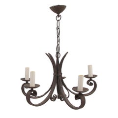 1900s Country French Wrought Iron Black Chandelier w/ Five Candlestick Arms