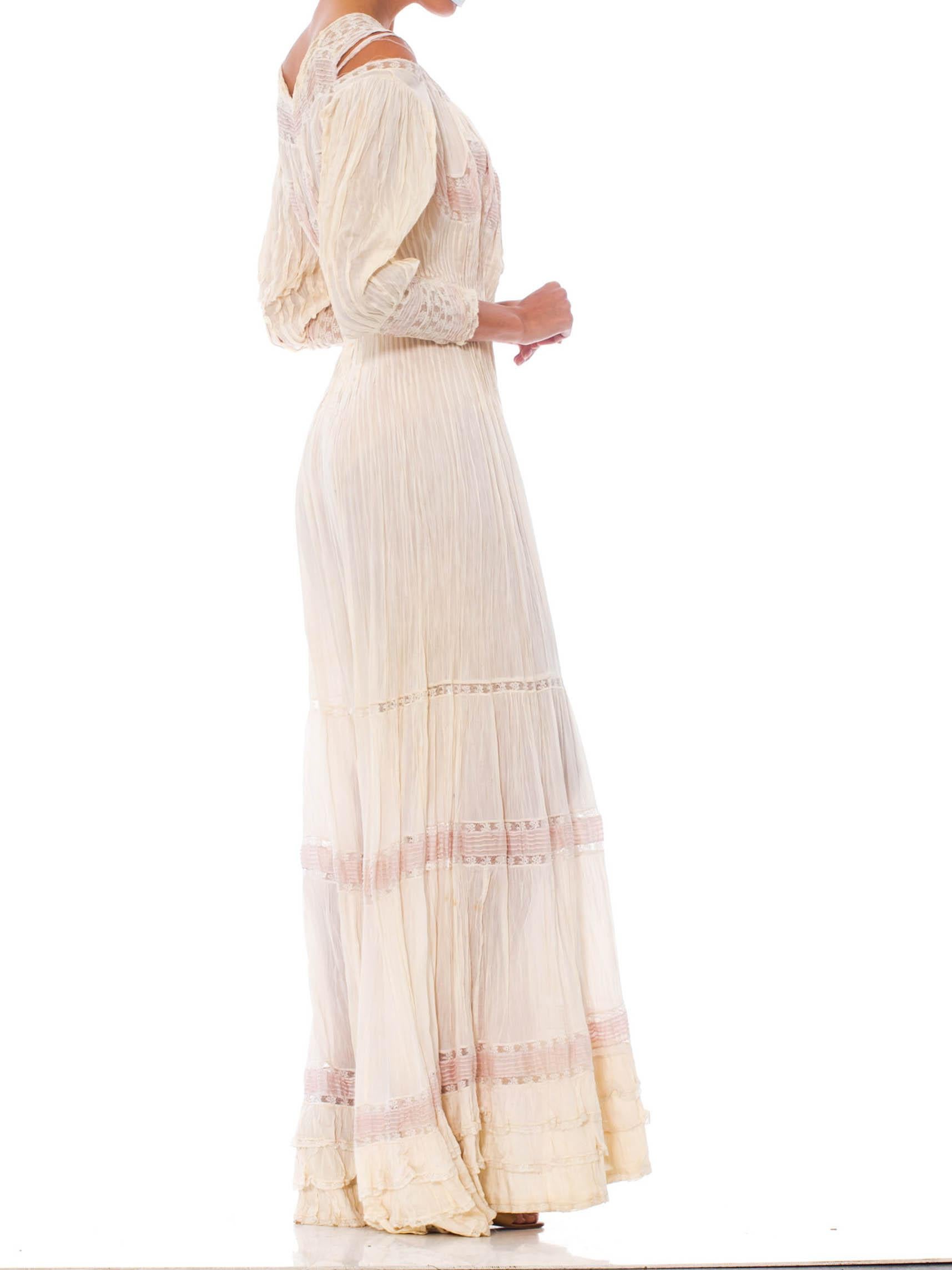 Women's 1900S Cream & Pink Silk Cotton Formal Edwardian Lace Tea Dress With Blouse Fron