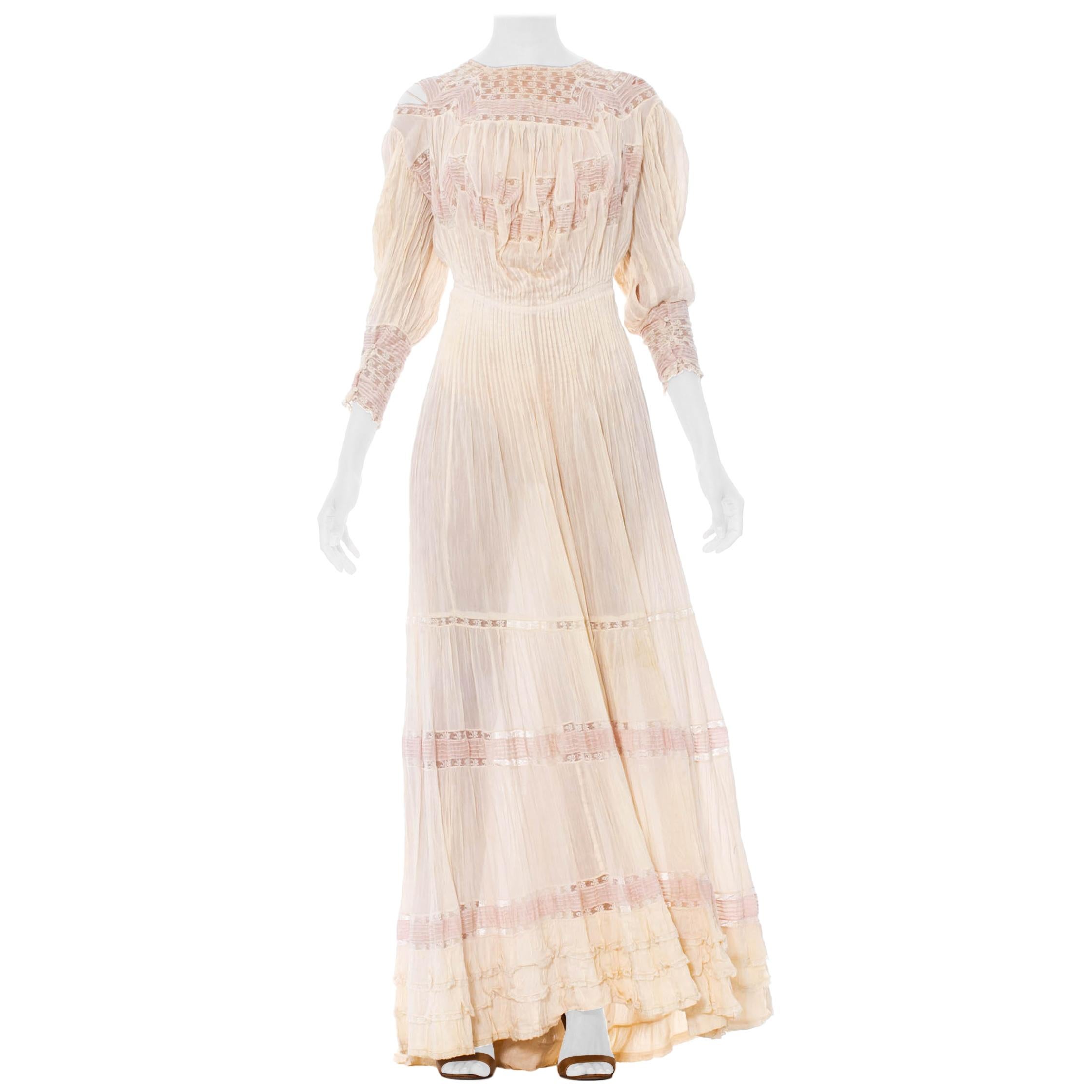 1900S Cream & Pink Silk Cotton Formal Edwardian Lace Tea Dress With Blouse Fron