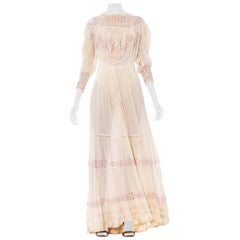 Antique 1900S Cream & Pink Silk Cotton Formal Edwardian Lace Tea Dress With Blouse Fron