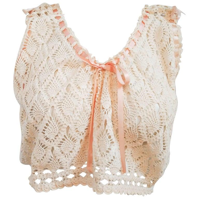 Beige 1900s Crochet Lace Cropped Camisole w/ Pink Ribbon