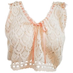 Antique 1900s Crochet Lace Cropped Camisole w/ Pink Ribbon