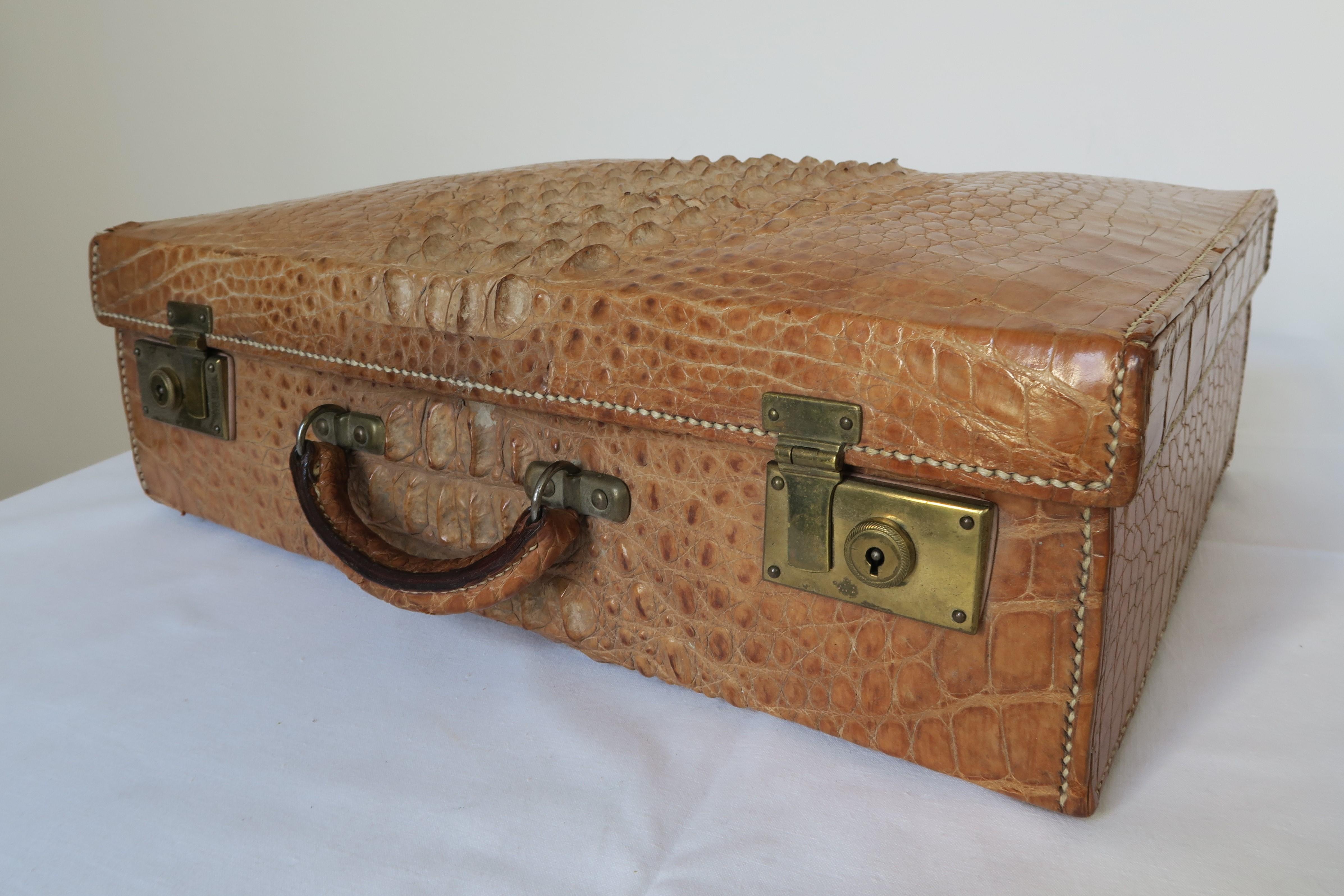 Brass 1900s Crocodile Suitcase For Sale