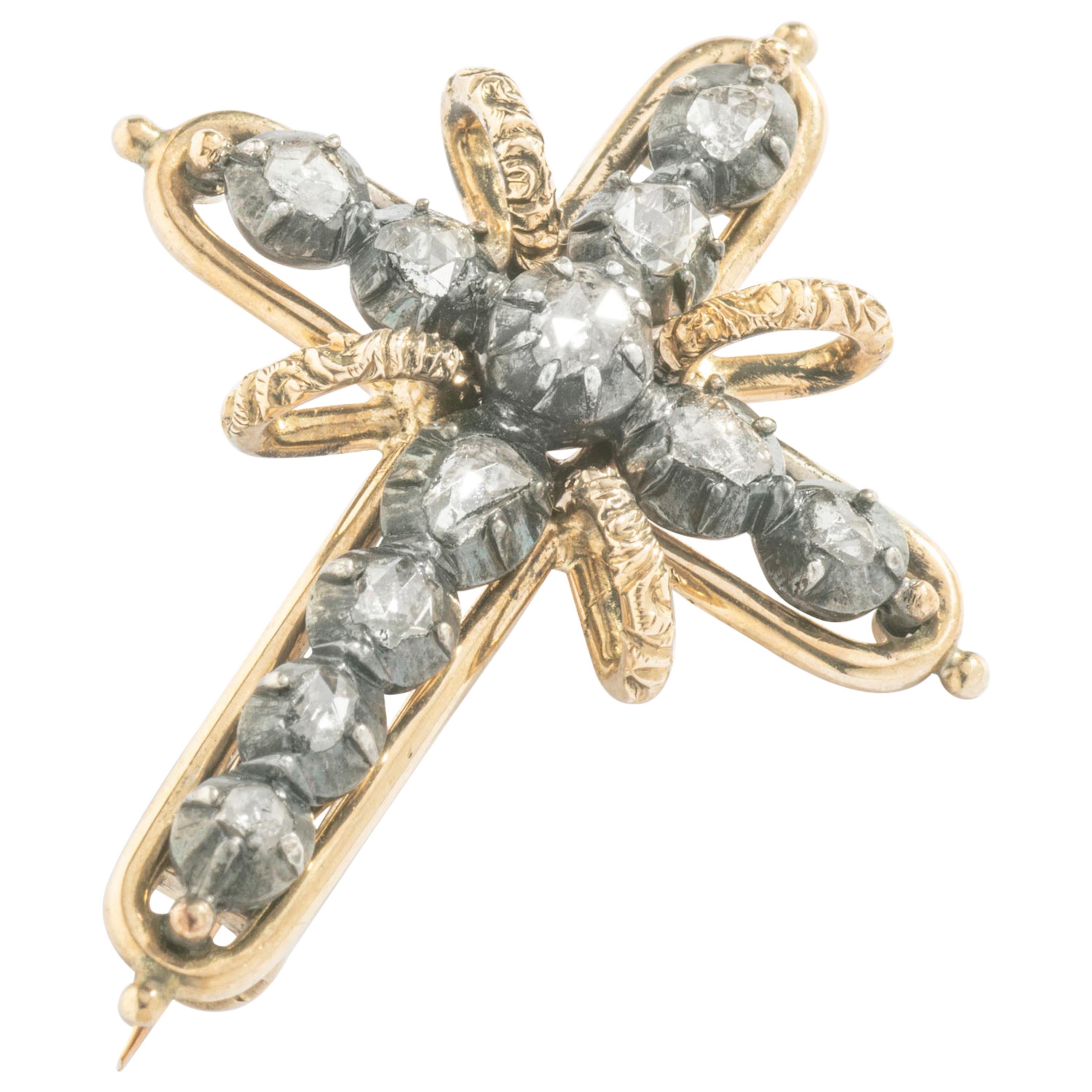 1900s Cross Diamond Silver Gold Brooch