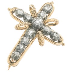 Antique Cross Diamond Silver Gold Brooch