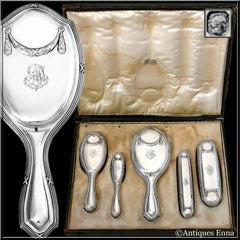 1900s Debain French Sterling Silver Travel Vanity Set of 5 Pc, Box, Neoclassical