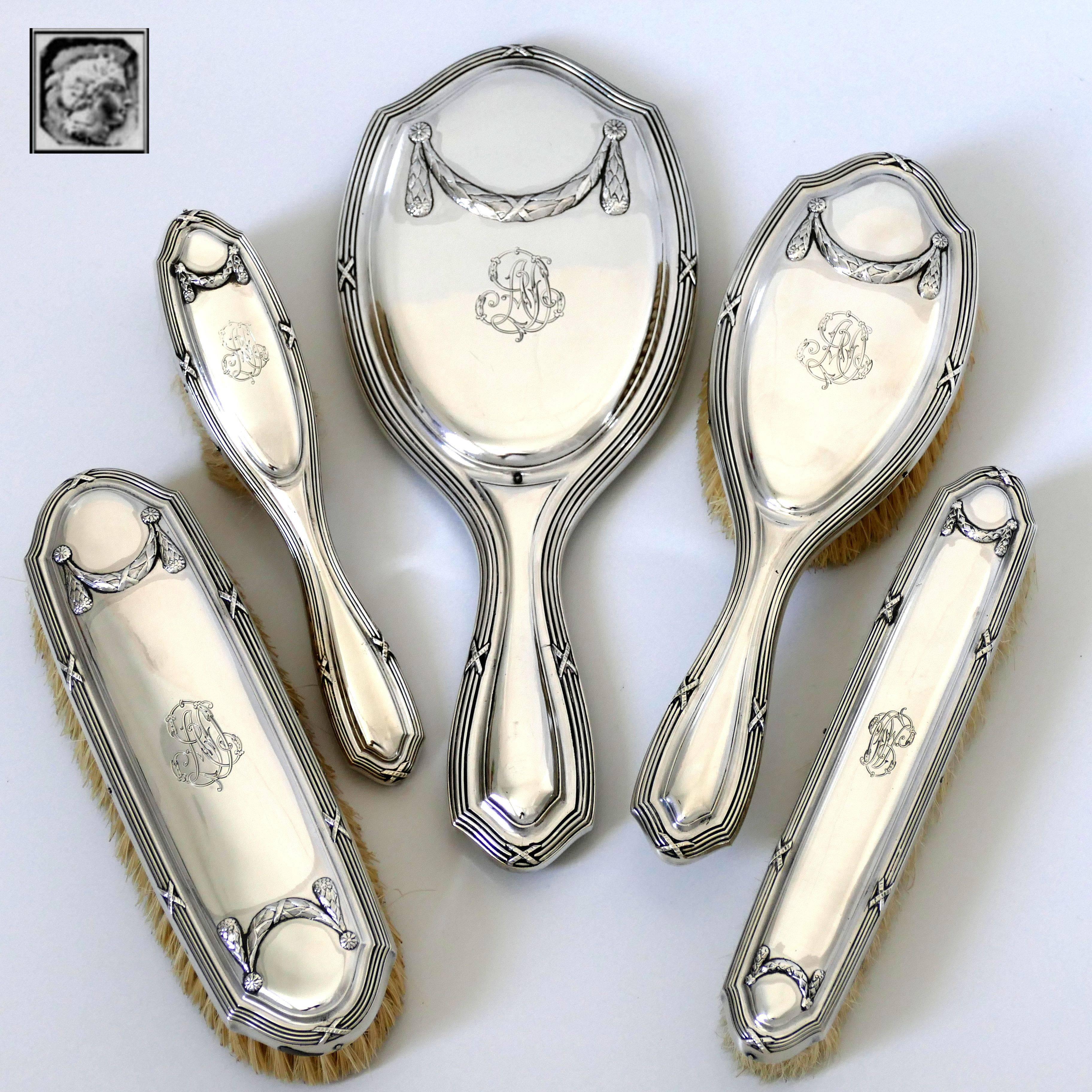 Art Nouveau 1900s Debain French Sterling Silver Travel Vanity Set of 5 Pc, Box, Neoclassical For Sale