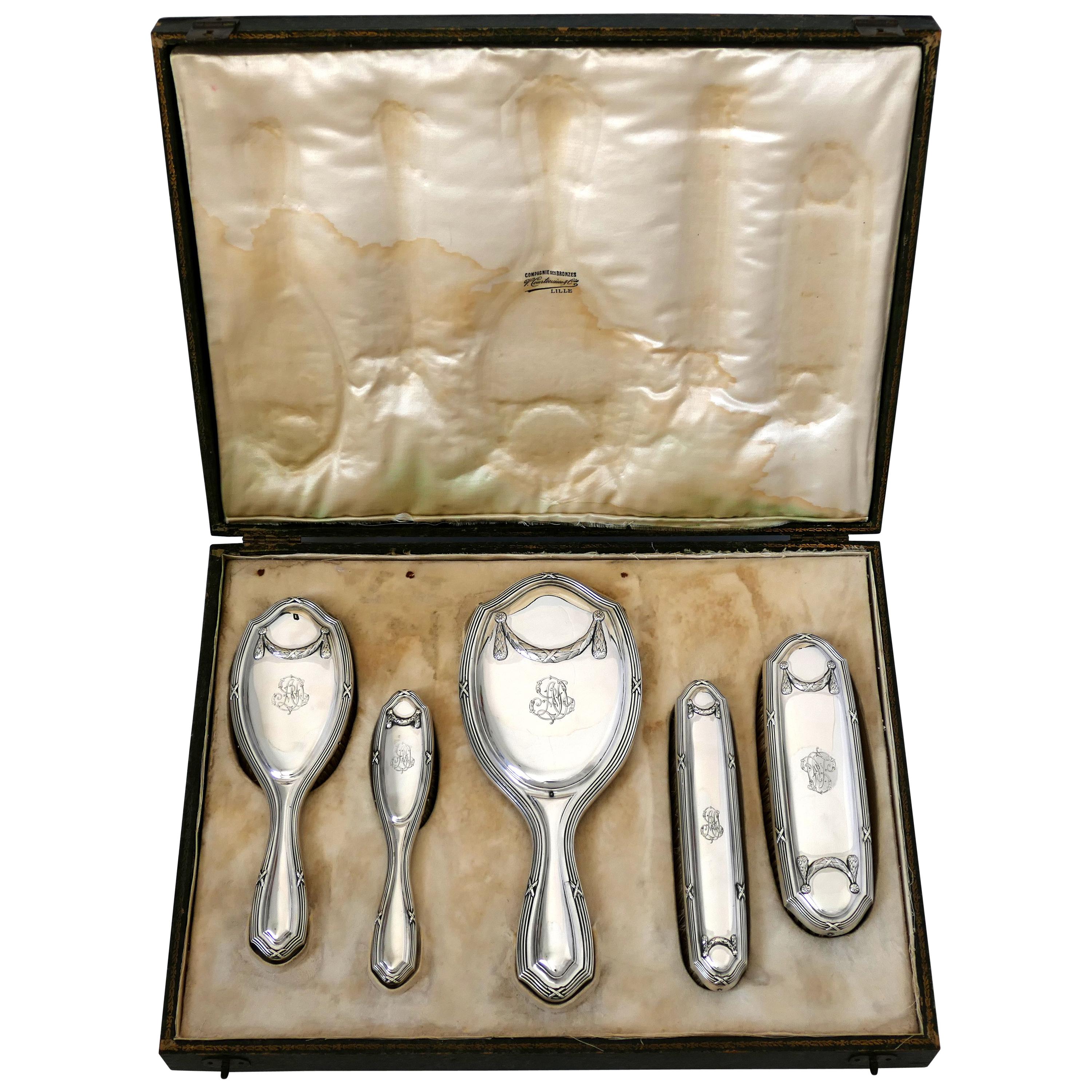 1900s Debain French Sterling Silver Travel Vanity Set of 5 Pc, Box, Neoclassical For Sale