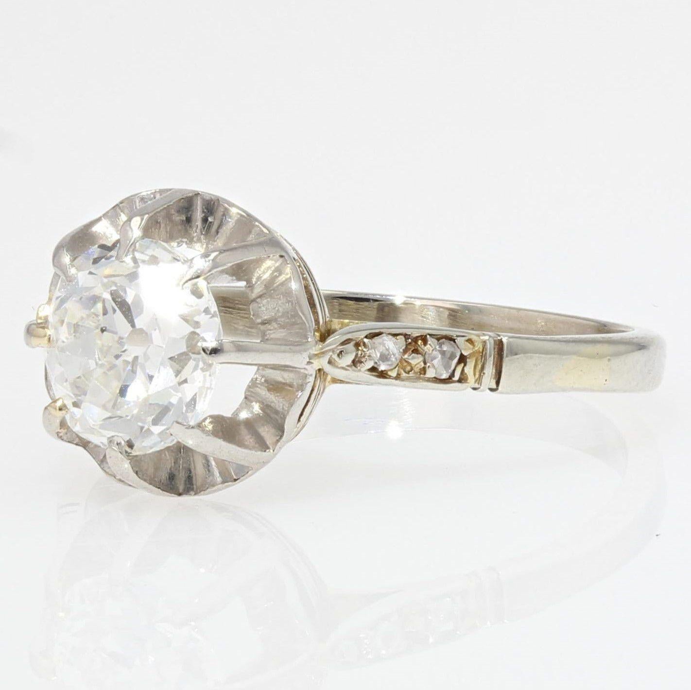 Antique Cushion Cut 1900s Diamond 18 Karat White Gold Solitaire Ring For Sale
