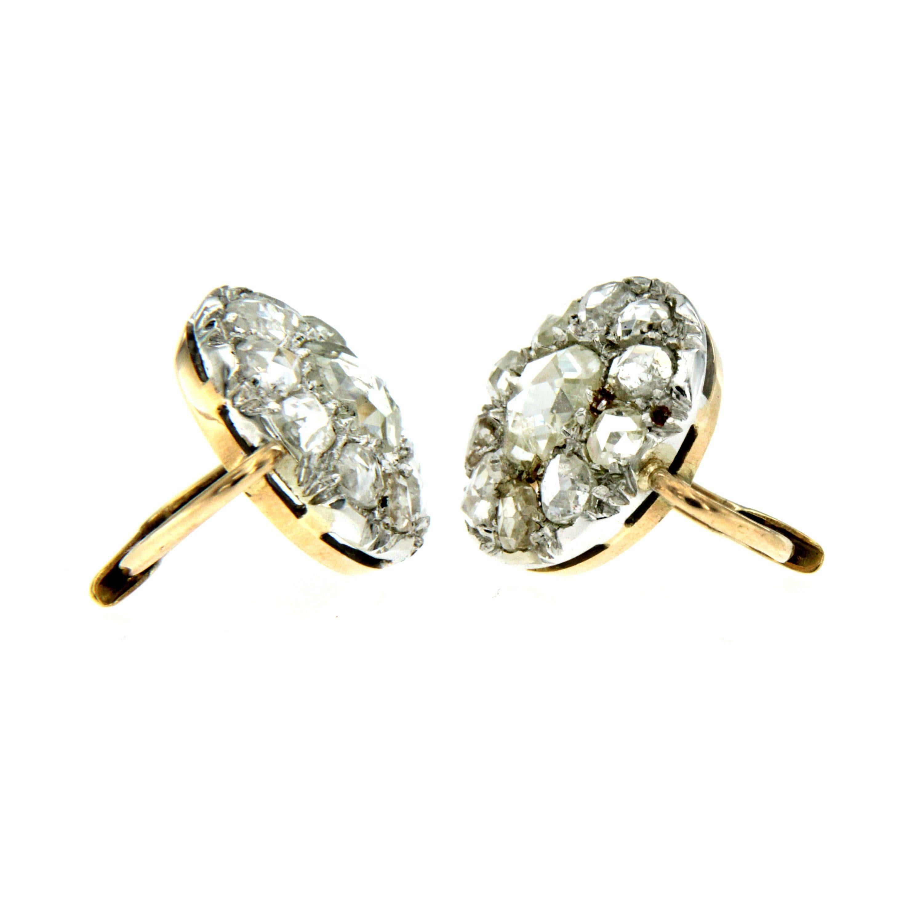 Rose Cut 1900s Diamond 3.50 carat Two-Color Gold Cluster Earrings