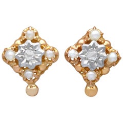 Pendientes de oro amarillo con diamantes y perlas semilla de 1900