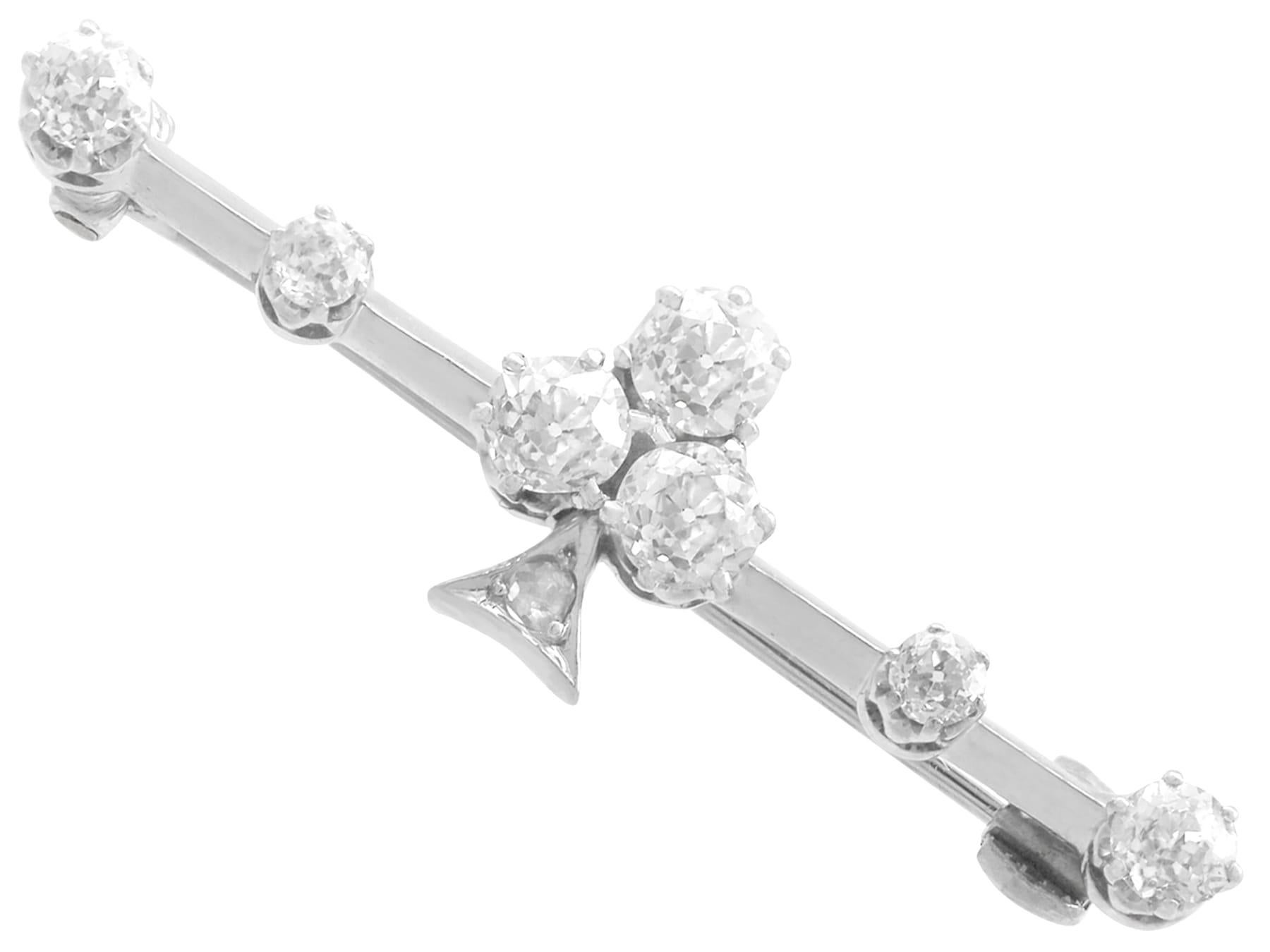 A fine and impressive antique 0.85 carat diamond and 14k white gold bar style brooch; part of our diverse antique diamond jewelry collections

This fine and impressive antique diamond bar brooch has been crafted in 14k white gold.

The brooch is