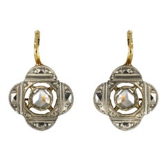 Antique 1900s Diamond Clover Shape Sleepers Drop Earrings
