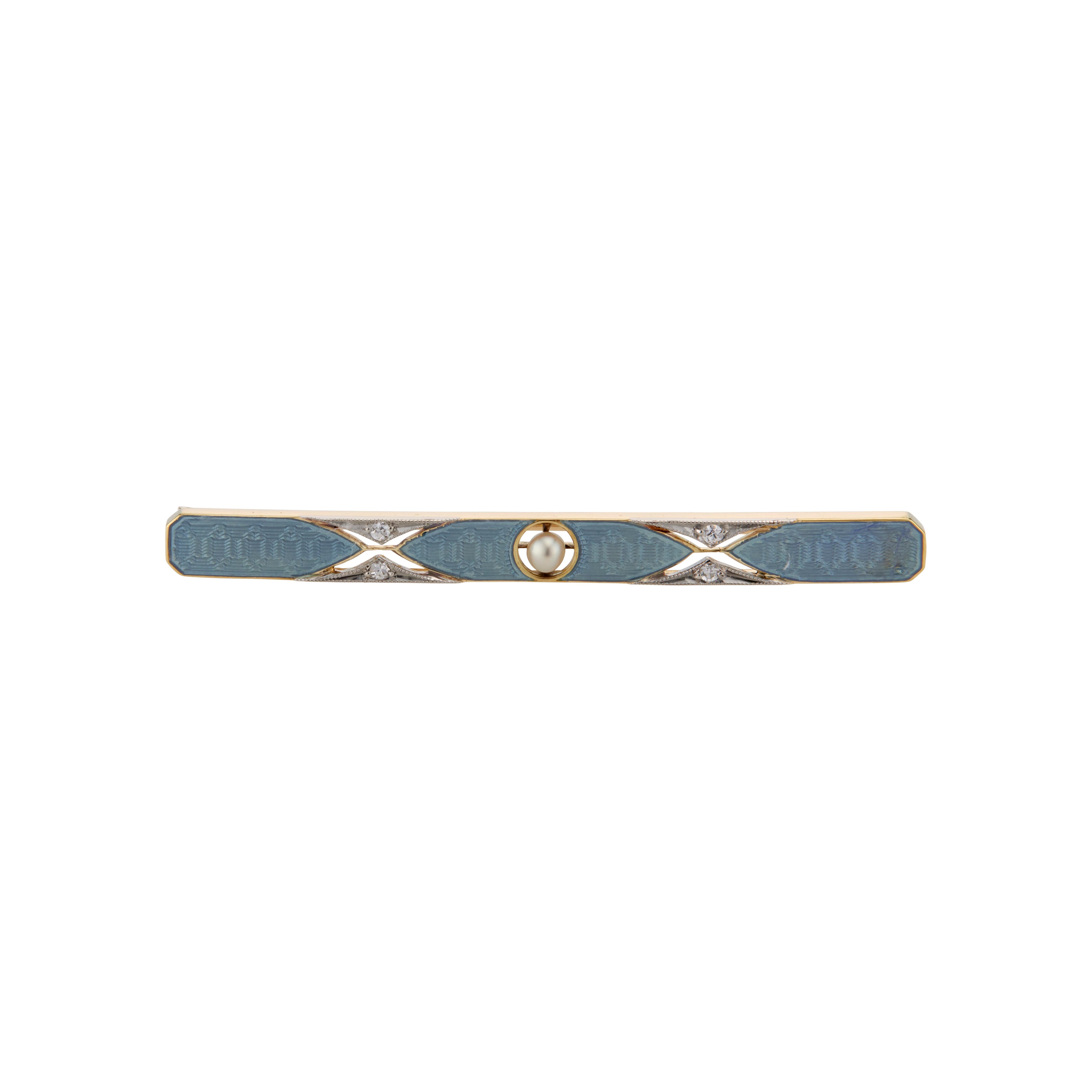 Early 1900's soft blue enamel bar brooch with natural pearl center and 4 single cut diamonds in Platinum and 14k yellow gold.  

1 natural pearl 3.3mm
4 single cut diamonds
14k yellow gold and Platinum
Stamped: 14k
Tested: 14k & Platinum
Hallmark:
