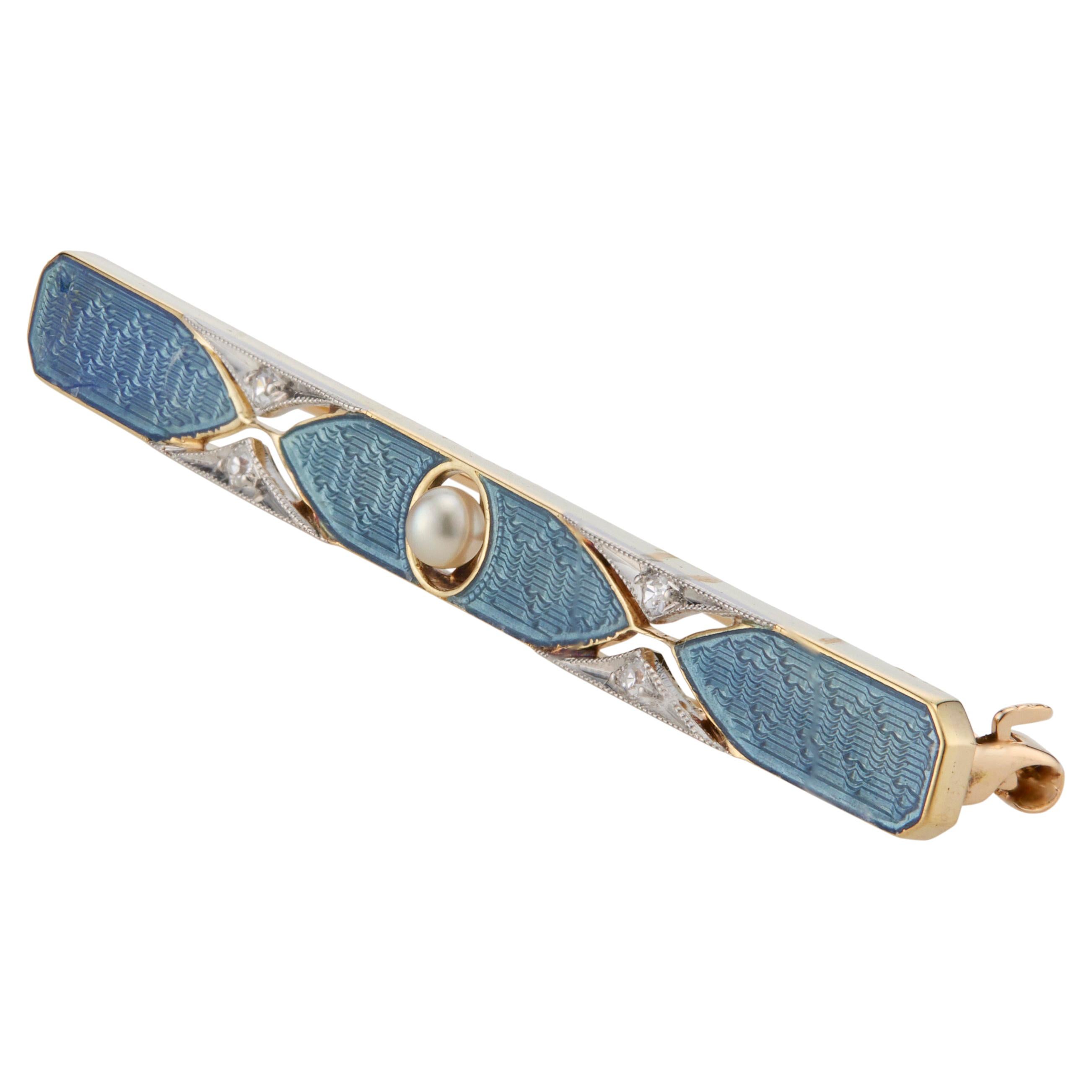 1900's Diamond Pearl Yellow Gold Enamel Platinum Bar Brooch