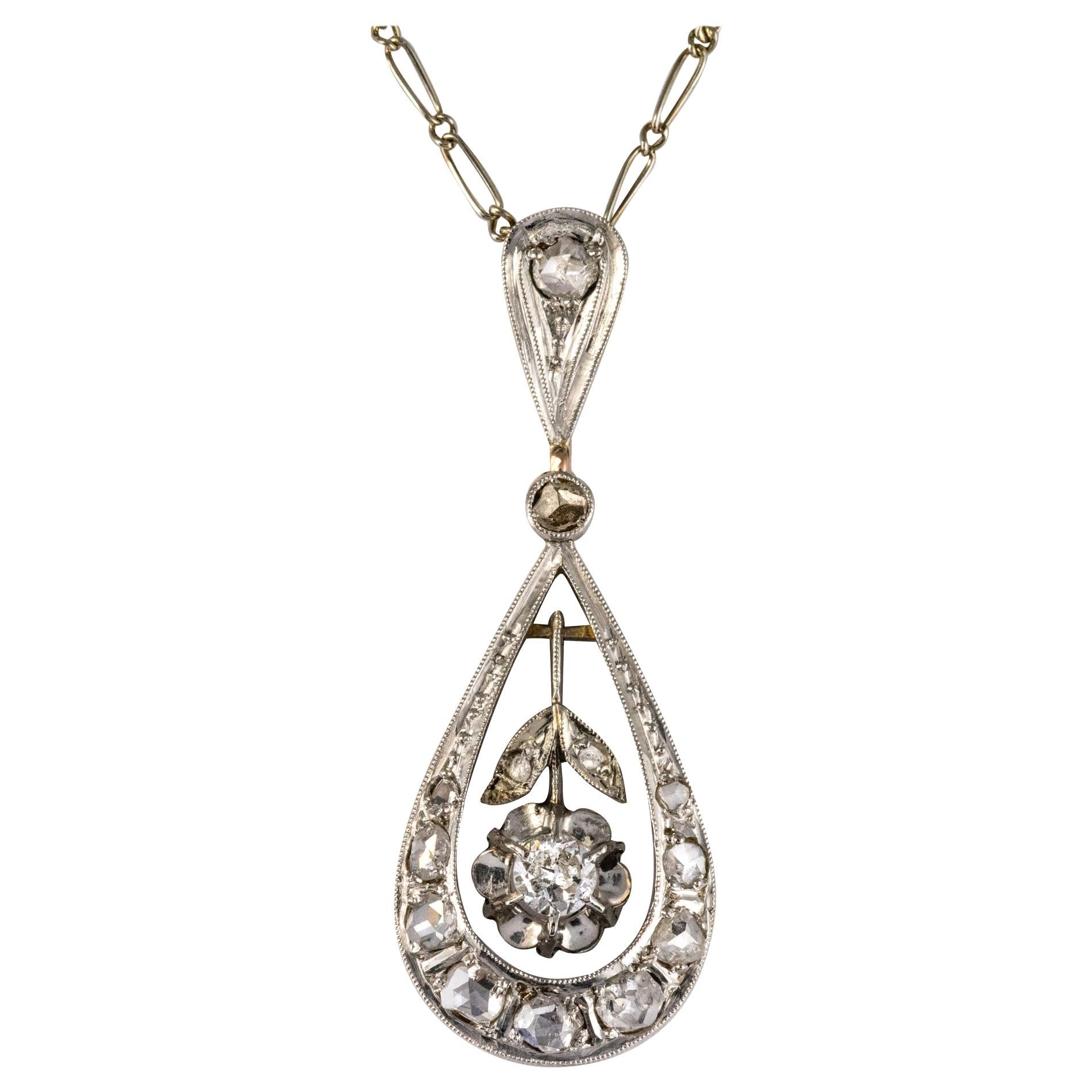 1900s Diamonds 18 Karat Gold Drop Pendant and Chain