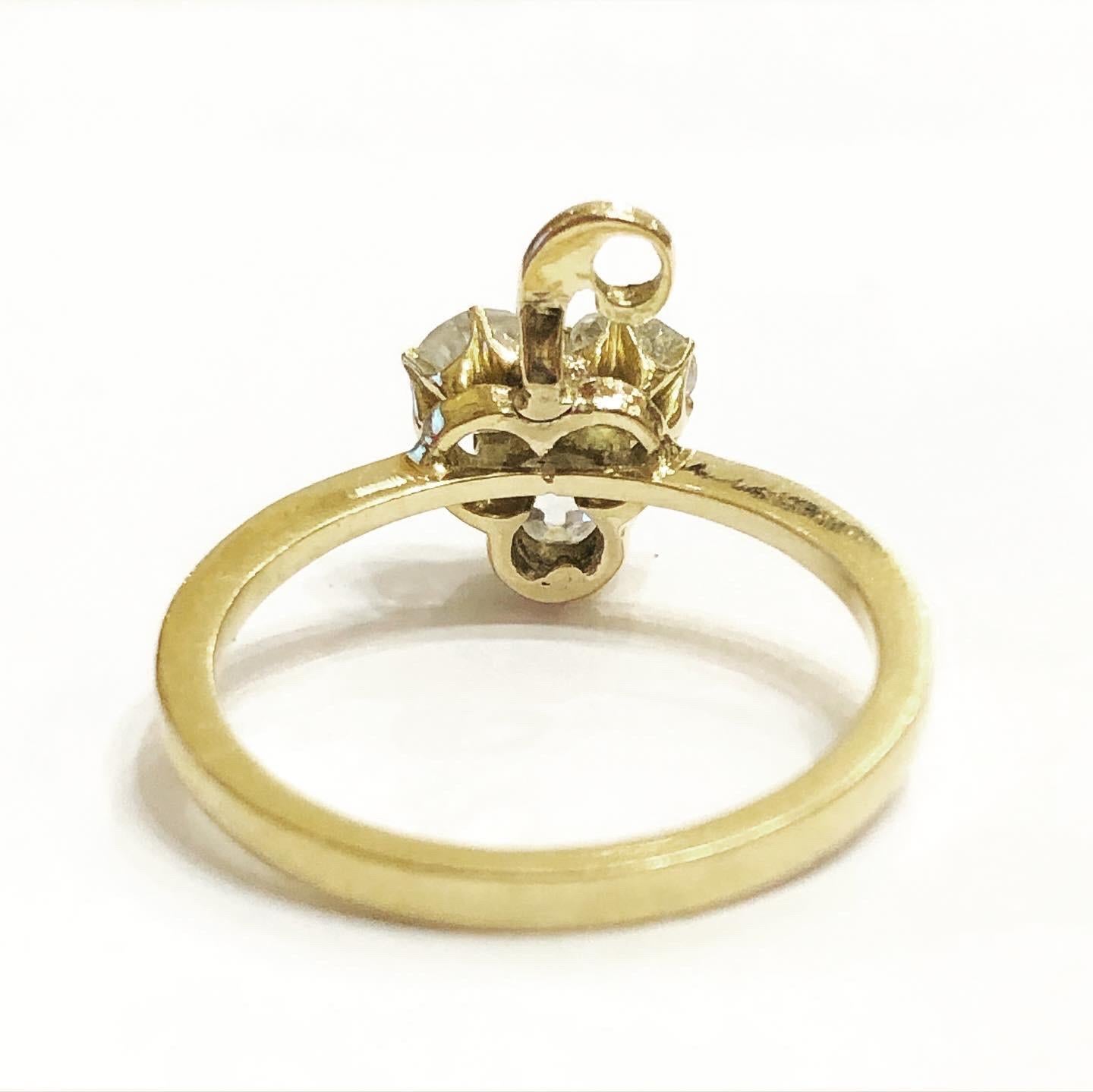 Splendid antique cocktail  represents a clover whose leaves are set with old European cut diamonds.
18 karat yellow gold.
Condition: good. 
Old European diamond cut.
Total approximate diamond carat weight: 0.8 carats.
Height:  2.2 cm Width: 1.9 cm.