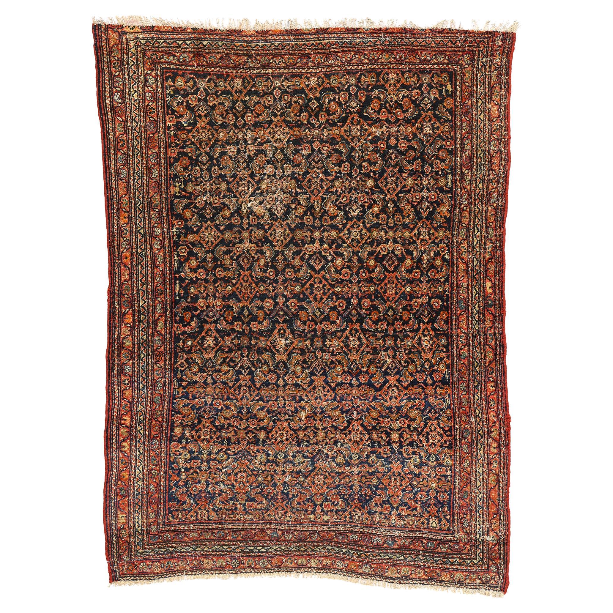 Tappeto antico persiano Mahal del 1900, con segni di deterioramento