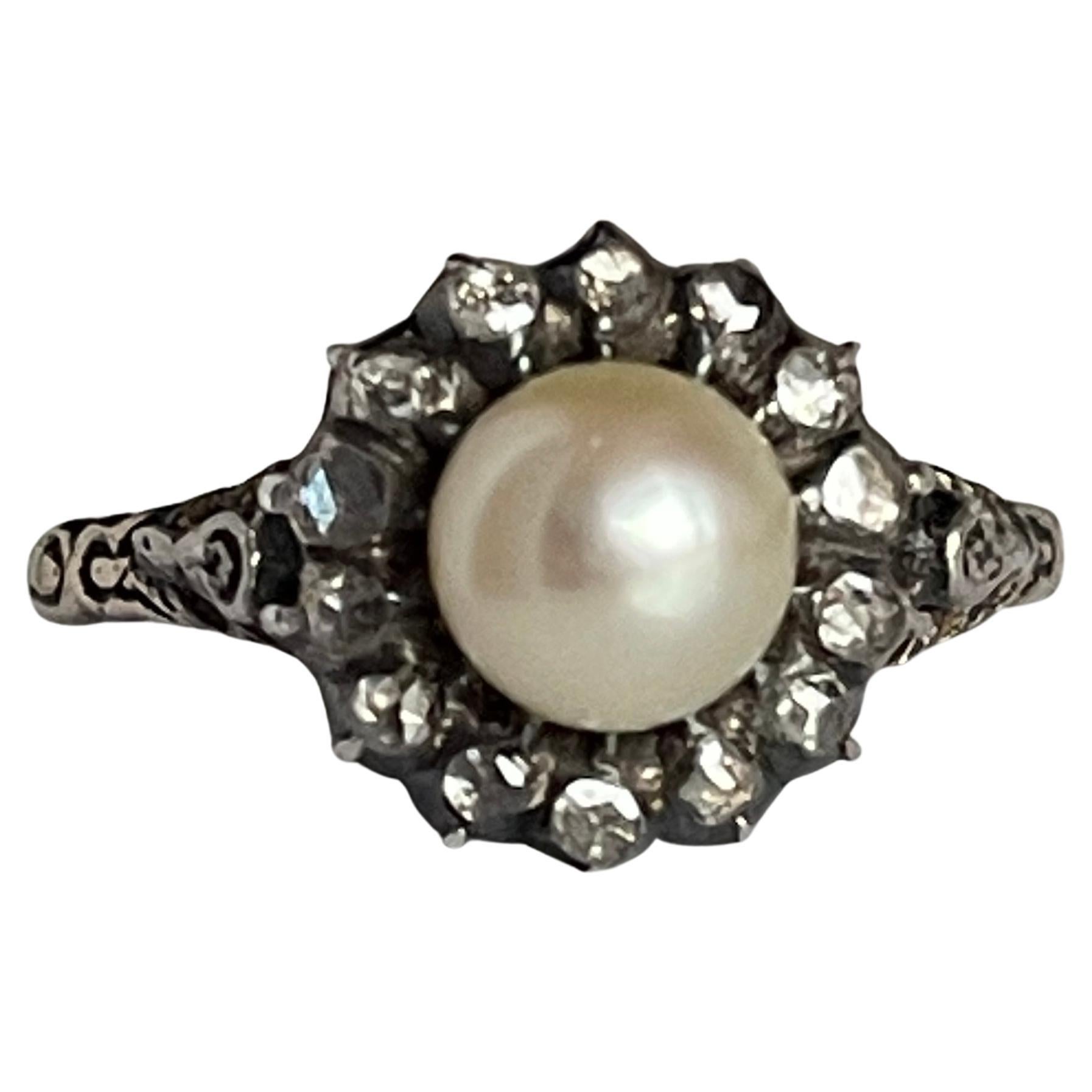 1900
s holländische antike Perle Rosecut Diamant Entourage Ring