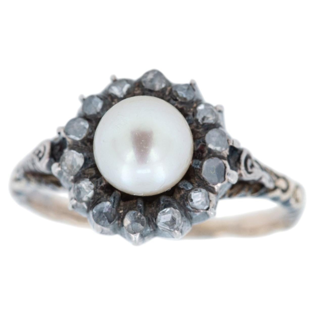 1900's Dutch Antique Pearl Rosecut Diamond Entourage Ring For Sale