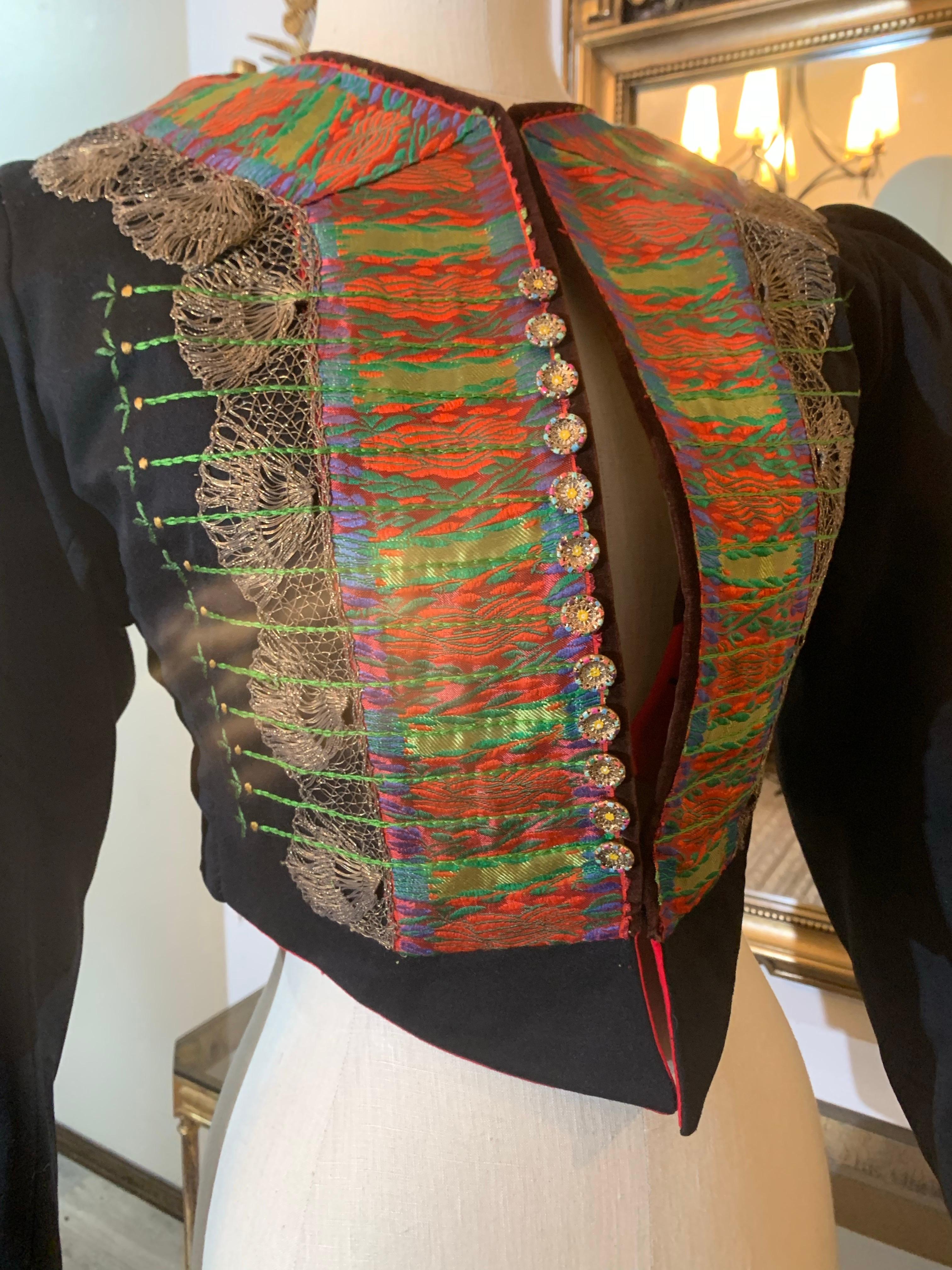 Black 1900s Eastern European Folk Wear Ensemble Delicately Embroidered Jacket & Vest For Sale