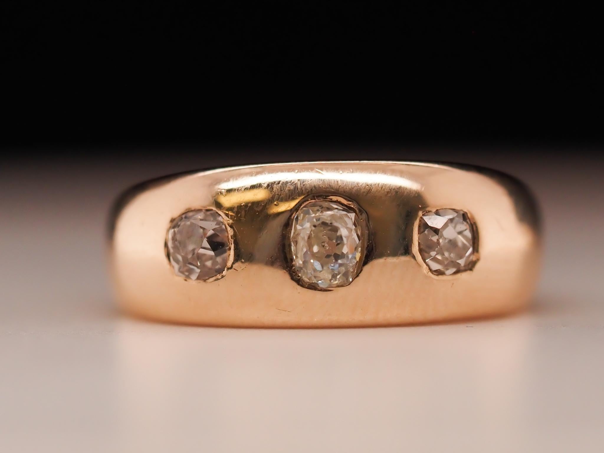 1900s Edwardian 14 Karat Yellow Gold .60ct Old Mine 3 Stone Ring For Sale 3