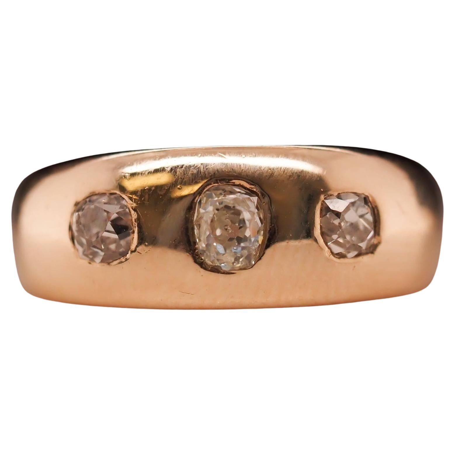 1900s Edwardian 14 Karat Yellow Gold .60ct Old Mine 3 Stone Ring For Sale