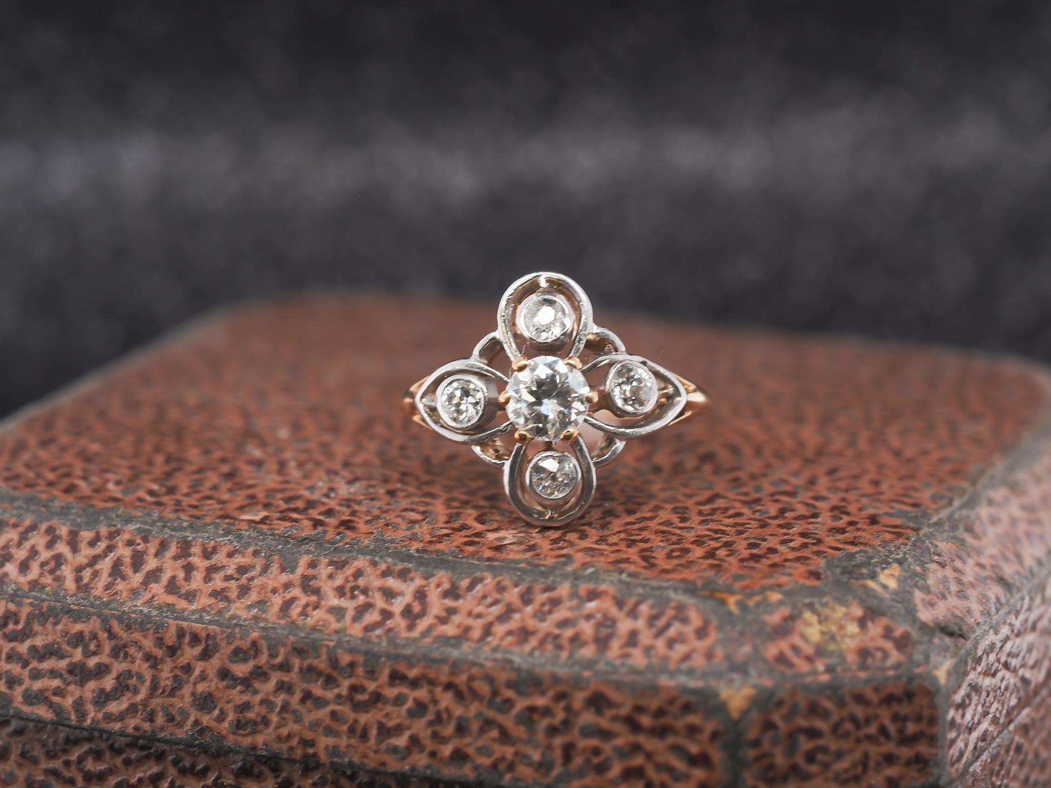 Year: 1900s

Item Details:
Ring Size: 5.25 (Sizable)
Metal Type: 14k Yellow Gold [Hallmarked, and Tested]
Weight: 2.7 grams

Diamond Details: .90ct total weight, Old European Brilliant, J Color, SI Clarity

Band Width: 1.2mm
Condition: Excellent
