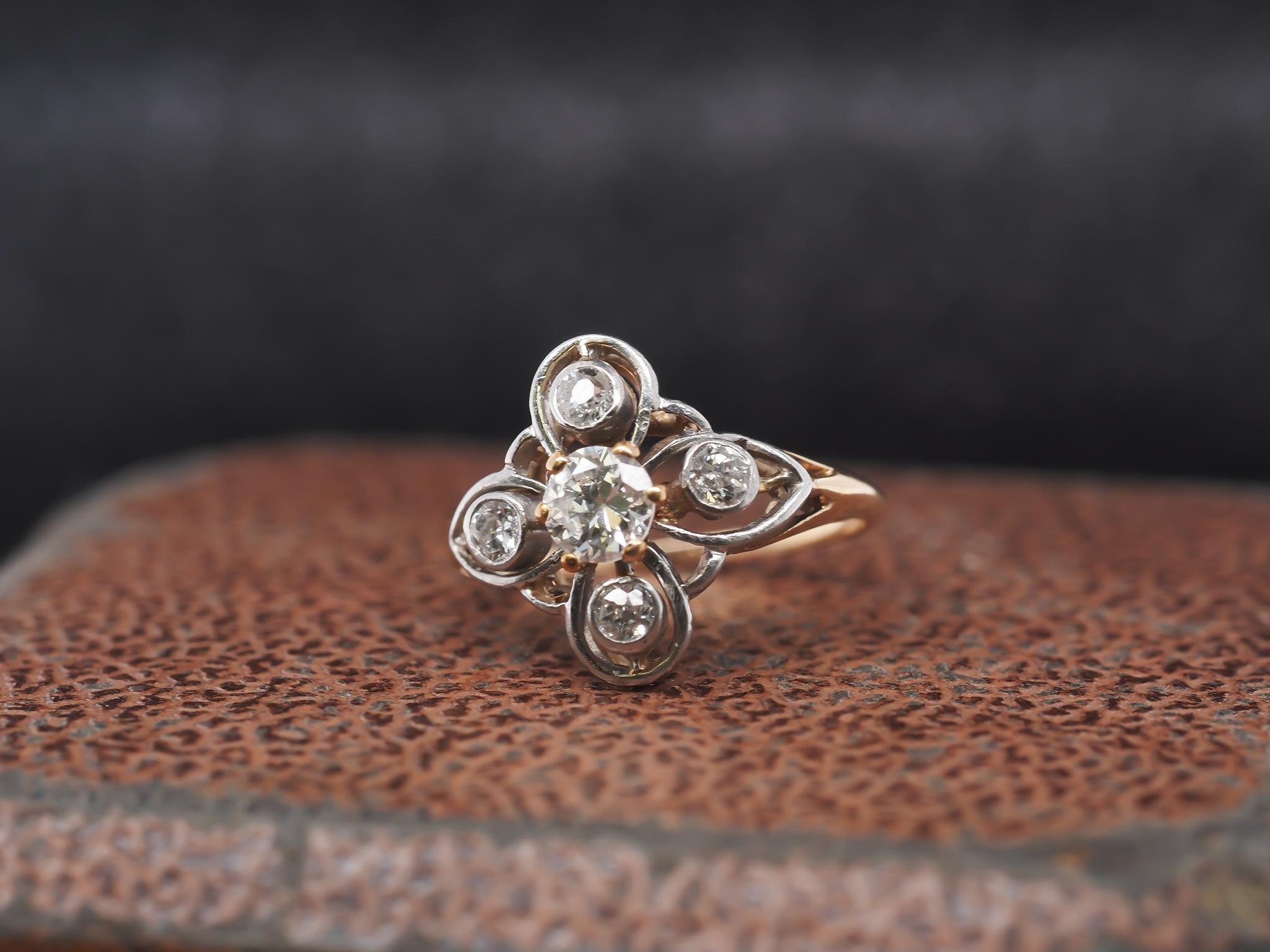 Old European Cut 1900s Edwardian  14K Yellow Gold Old European Diamond Ring For Sale