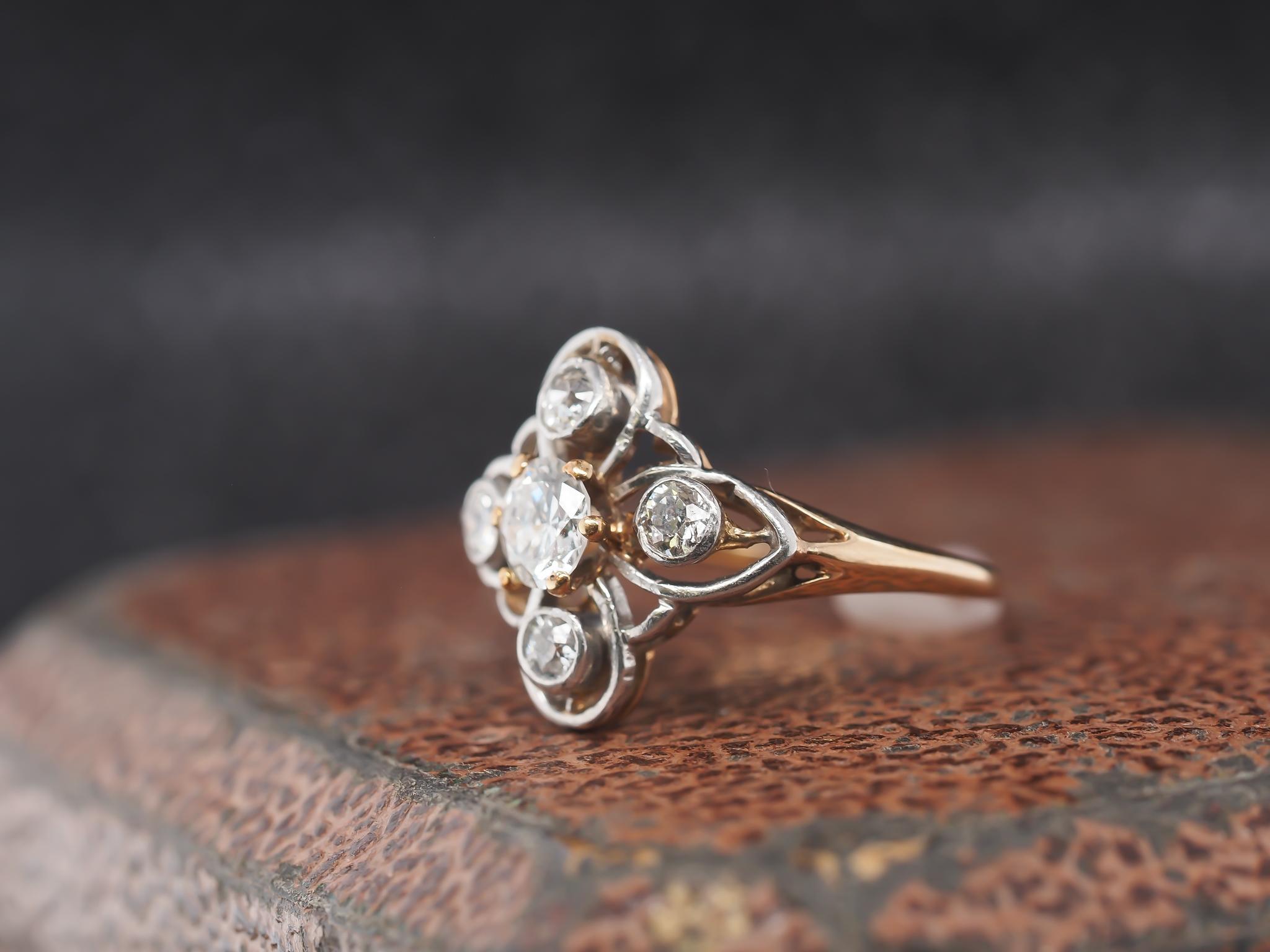 1900s Edwardian  14K Yellow Gold Old European Diamond Ring For Sale 2