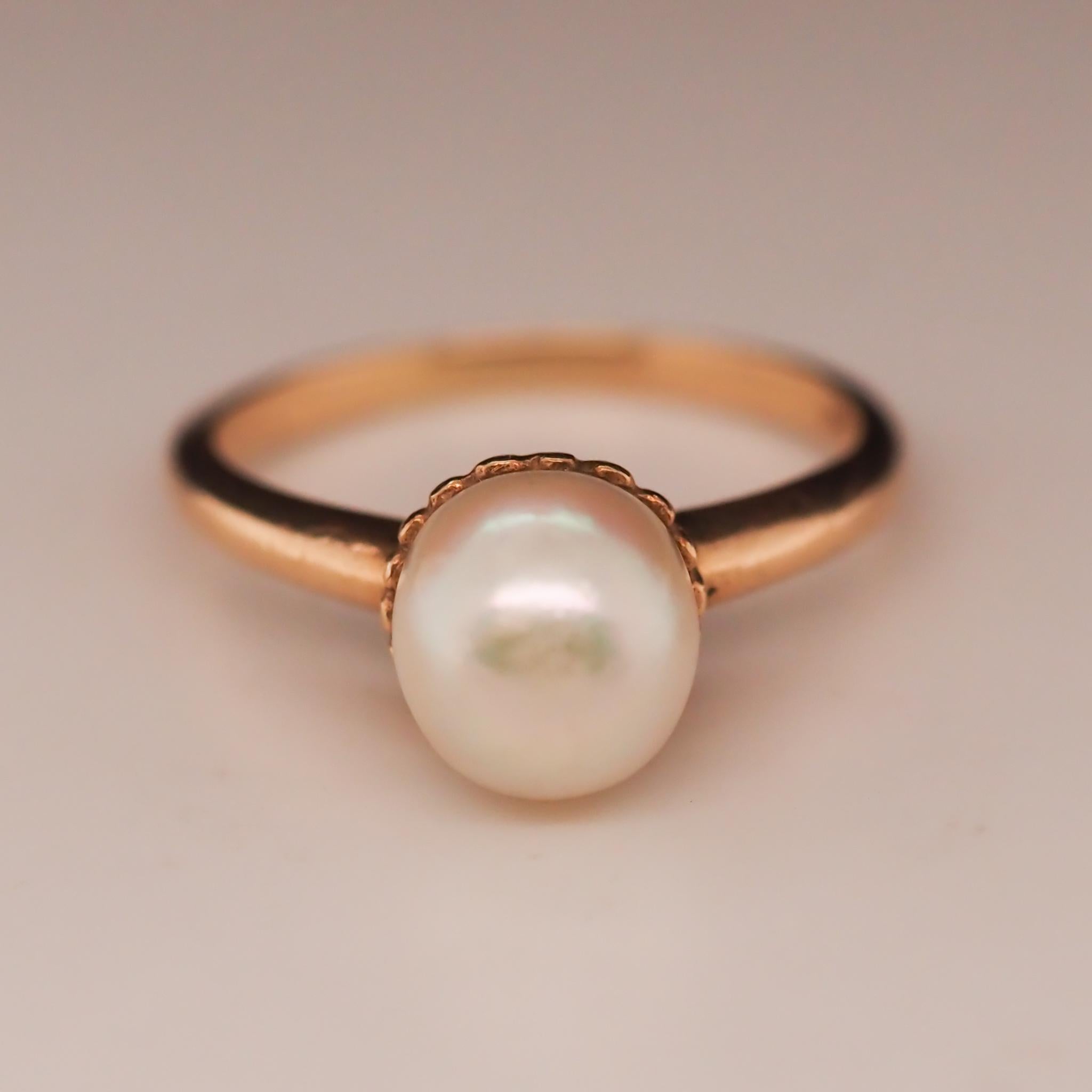 1900s Edwardian 14K Yellow Gold Pearl Ring with Scallop Prongs For Sale 1