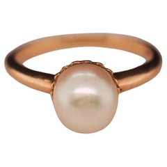 1900s Edwardian 14K Yellow Gold Pearl Ring with Scallop Prongs