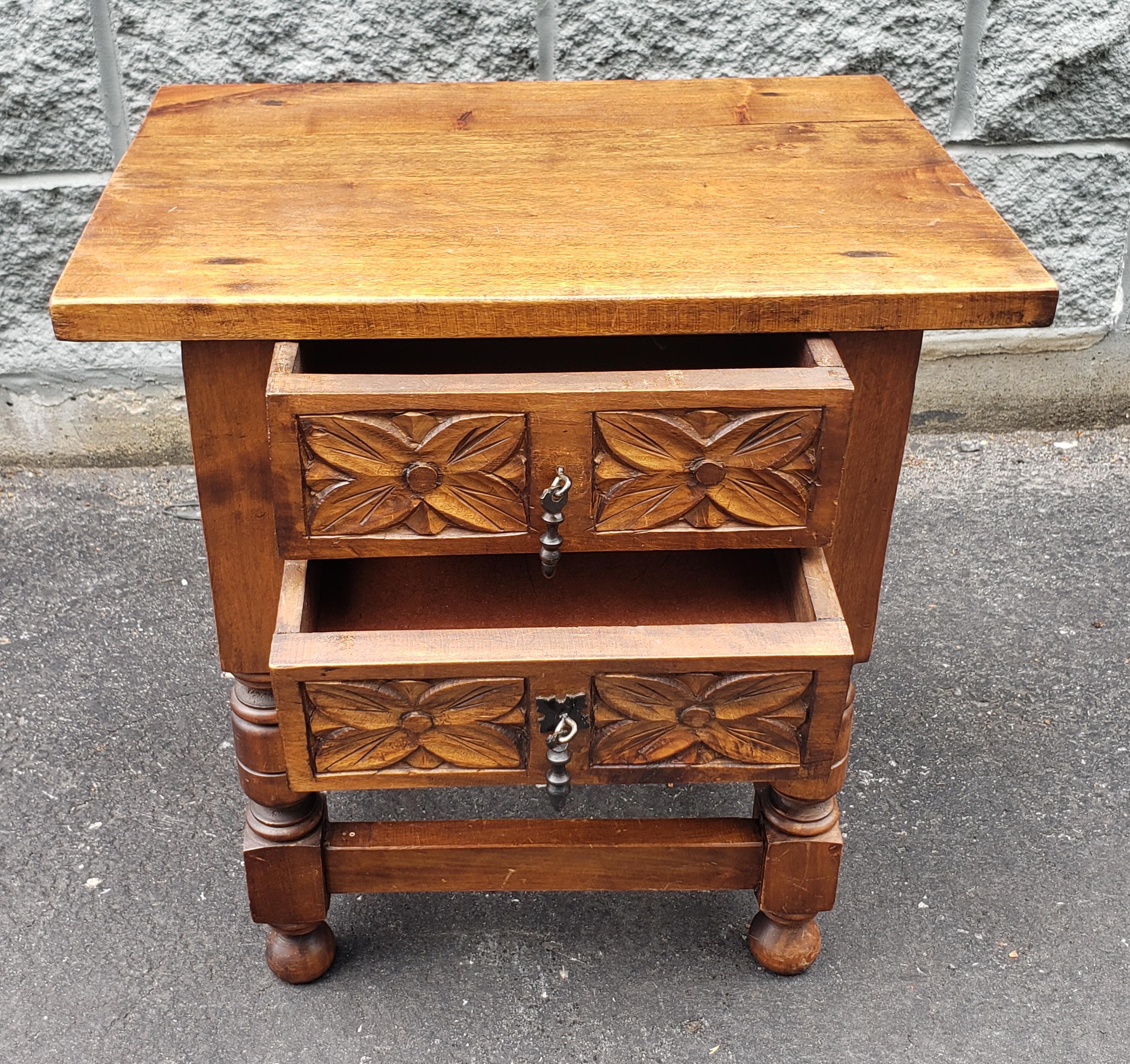 1920s Edwardian Carved Maple Two-Drawer Bedside Table that has been recently refinished.