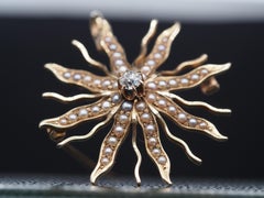 1900s Edwardian Flower Brooch with Pearls and Old Mine Diamond