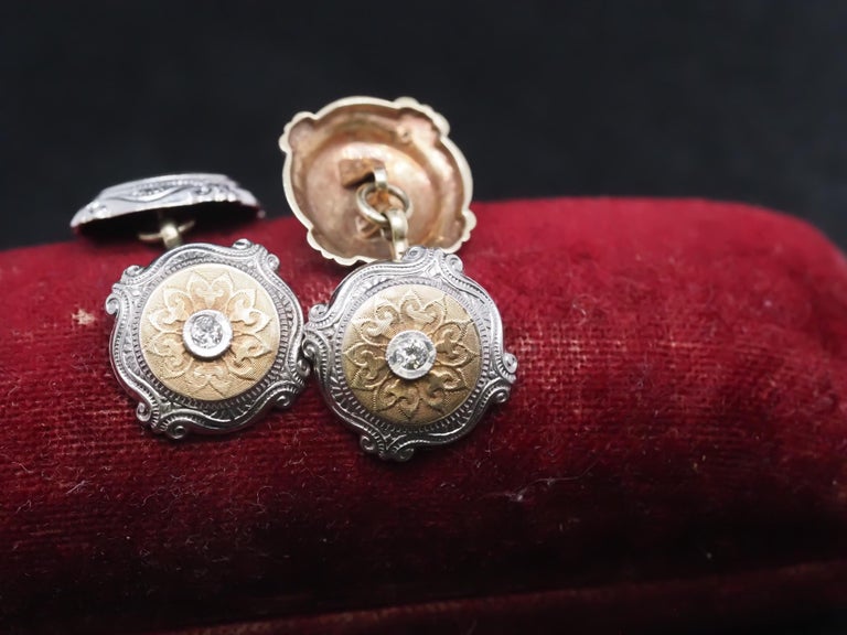 Boutons De Manchette Anciens Édouardiens En Or 14k Et Platine - Diamants, émail Guilloché - Vintage Art Déco, Occasion