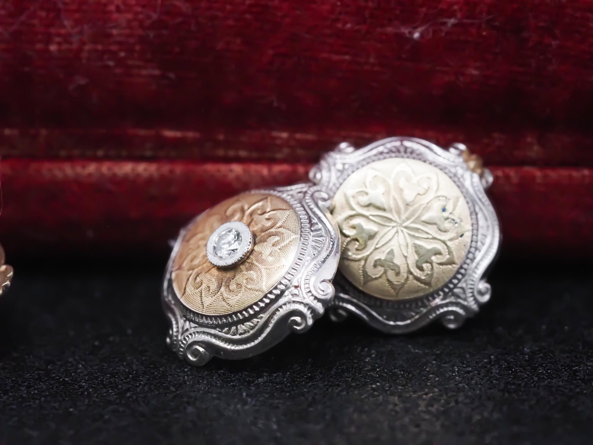 Gemelos eduardianos 1900 de platino y oro amarillo con diamantes de mina antigua Talla antigua en venta