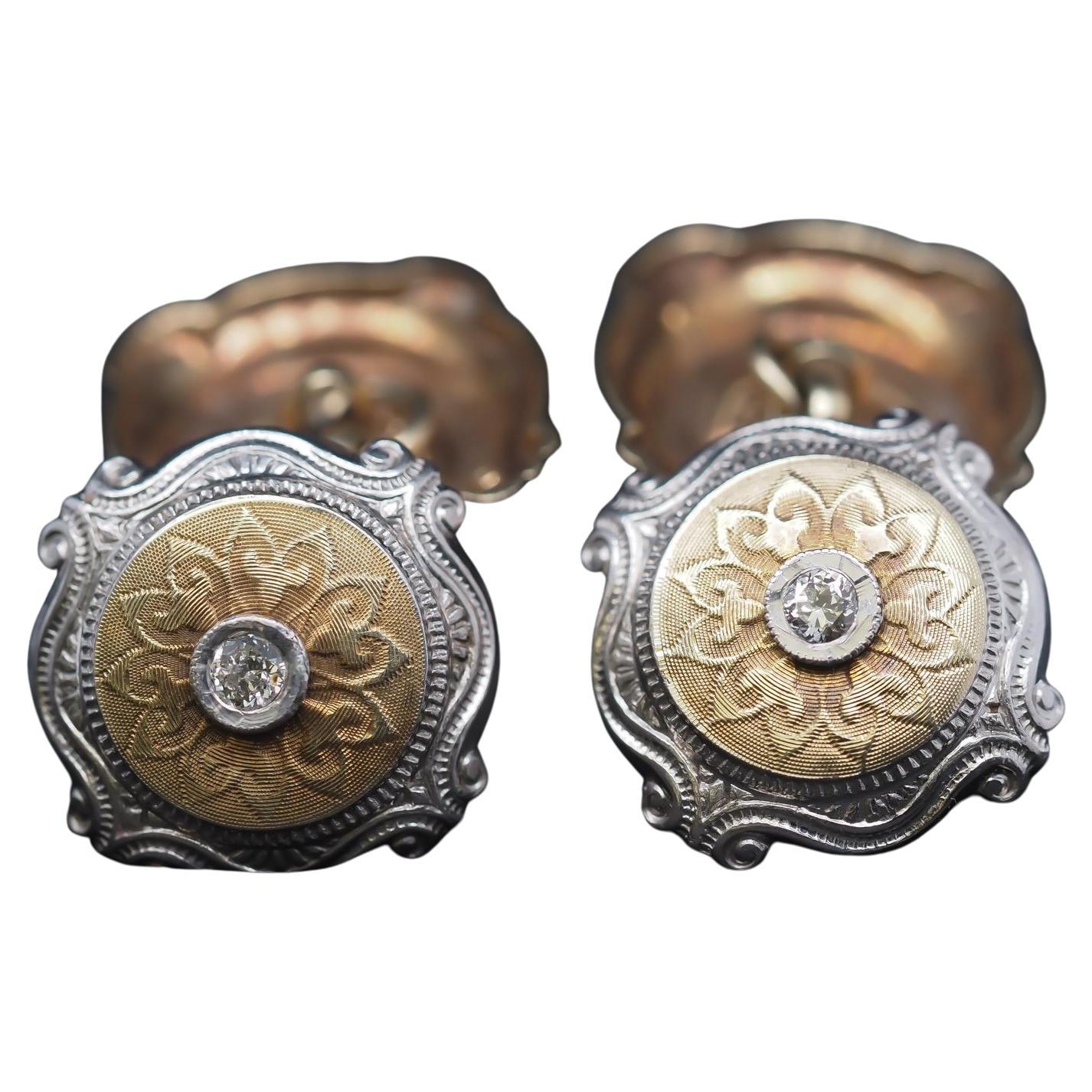 1900s Edwardian Platinum and Yellow Gold Cufflinks with Old Mine Diamonds