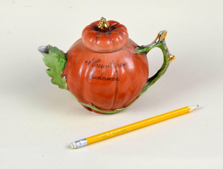1900s Edwardian Porcelain Pumpkin Shaped Souvenir Teapot Made in