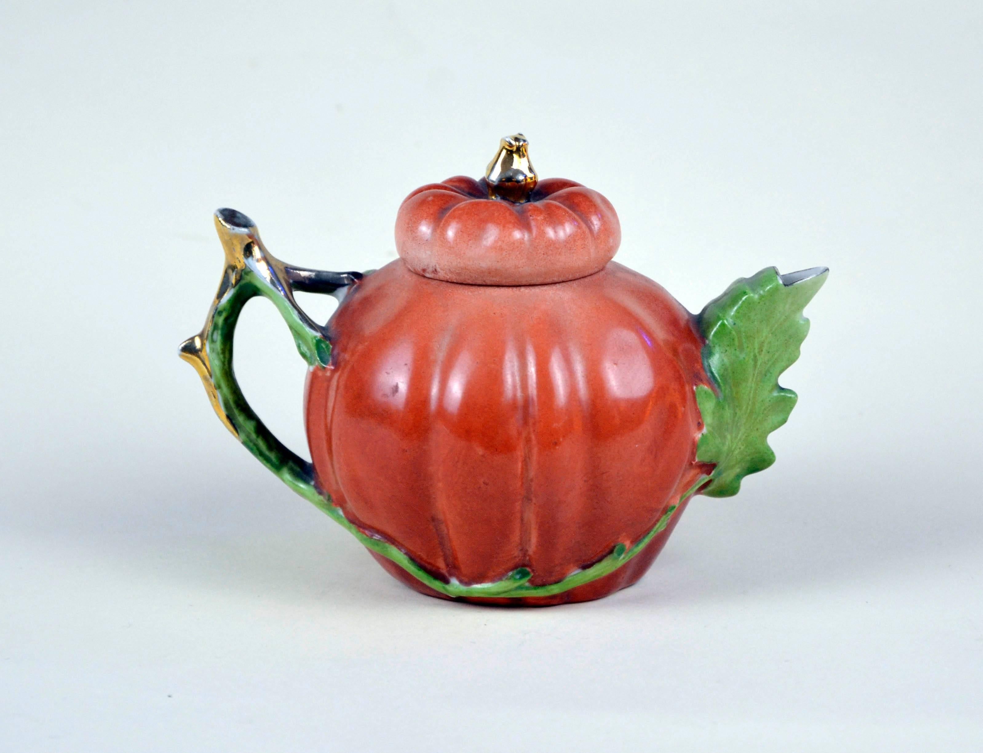 English 1900s Edwardian Porcelain Pumpkin Shaped Souvenir Teapot Made in England
