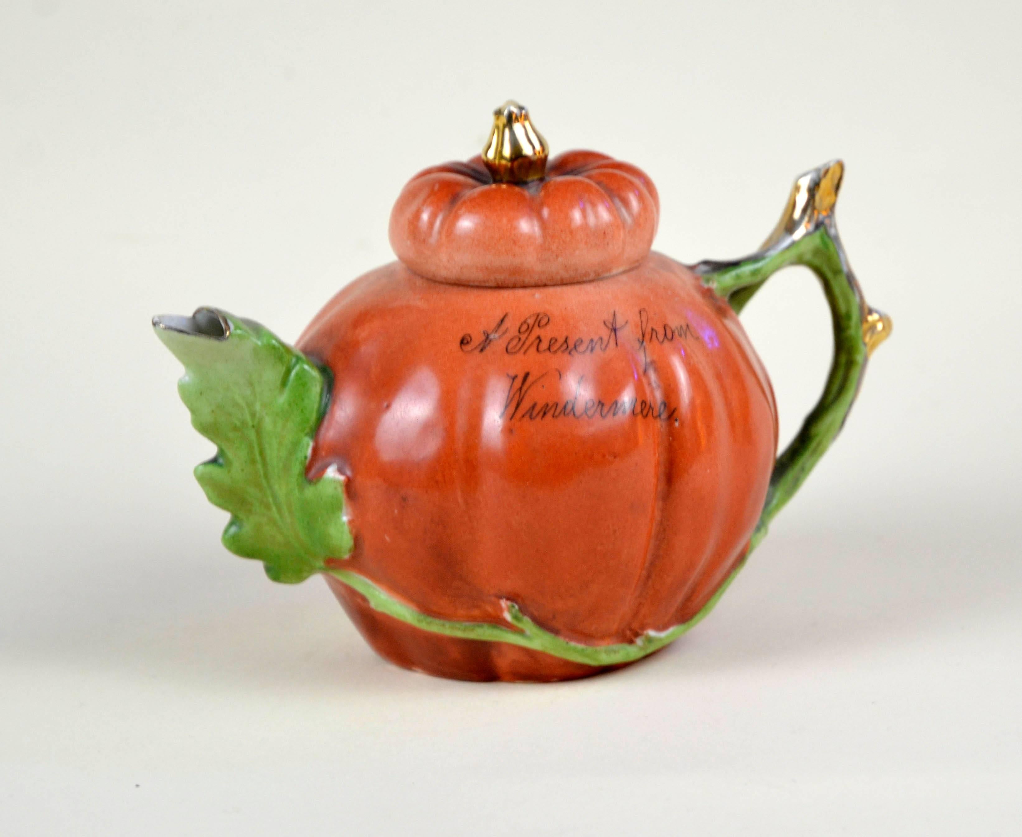 Early 20th Century 1900s Edwardian Porcelain Pumpkin Shaped Souvenir Teapot Made in England