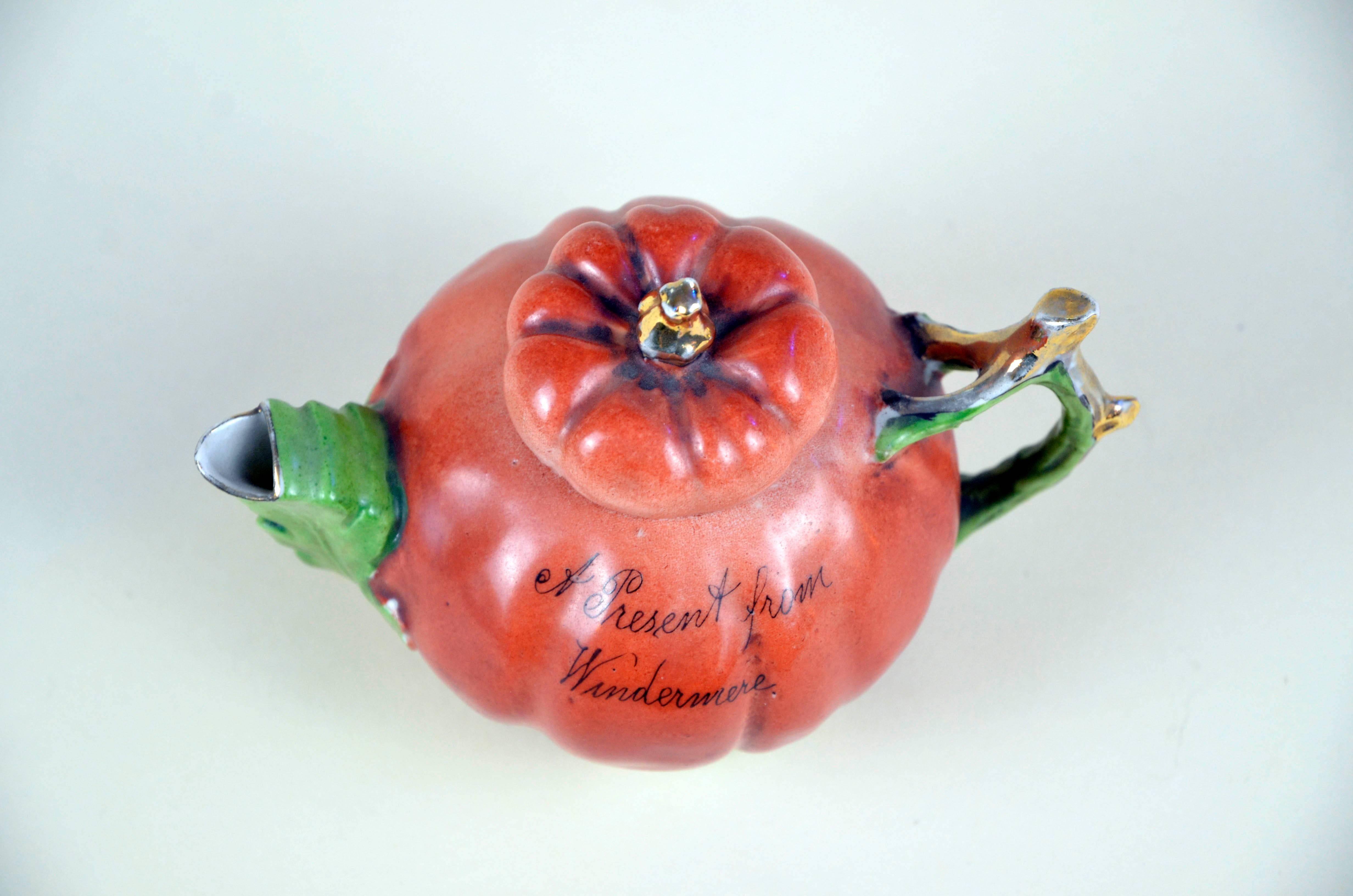 1900s Edwardian Porcelain Pumpkin Shaped Souvenir Teapot Made in England 1