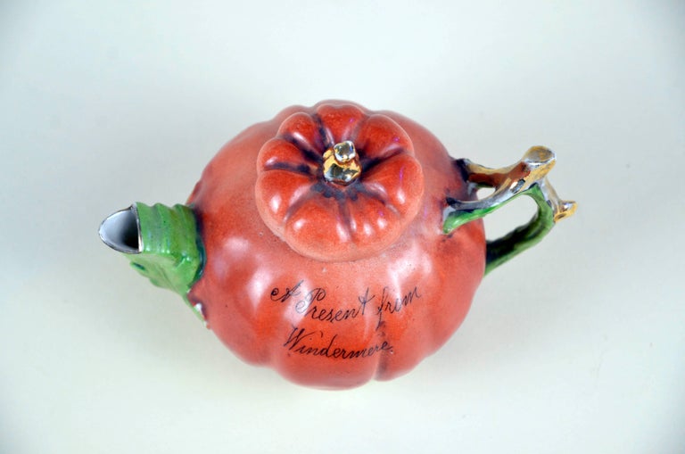 1900s Edwardian Porcelain Pumpkin Shaped Souvenir Teapot Made in